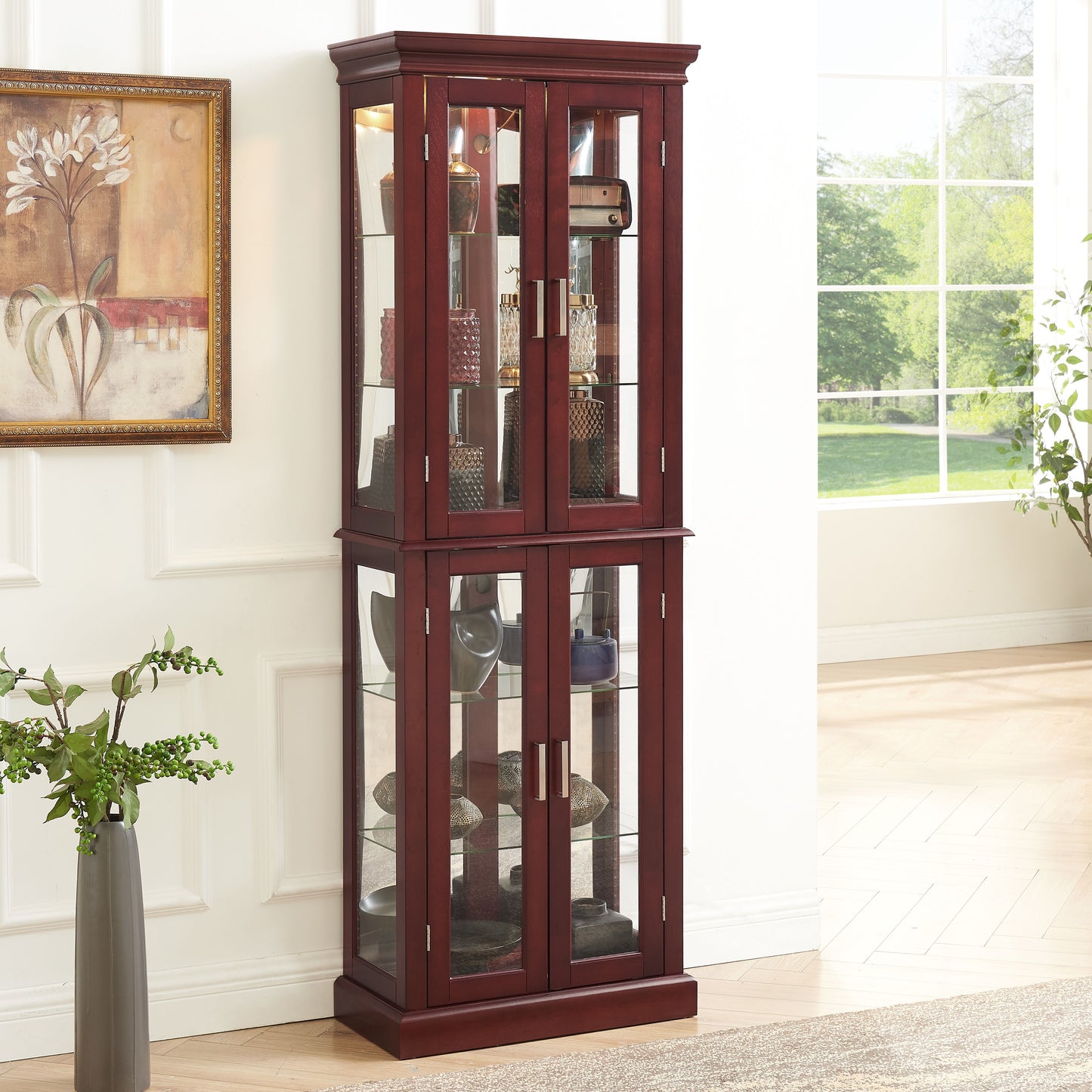 Curio Cabinet Lighted Curio Diapaly Cabinet With Adjustable Shelves And Mirrored Back Panel, Tempered Glass Doors 6 Tier, (E26 Light Bulb Not Included) - Cherry