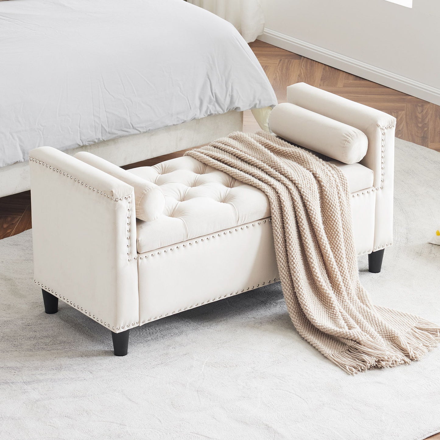 Storage Bench, Queen Velvet Button Bedside Bench, Entryway Living Room With Armrests, Nailhead Trim, Upholstered Bedroom Bench, Bedside Ottoman, Living Room, Entryway - Cream