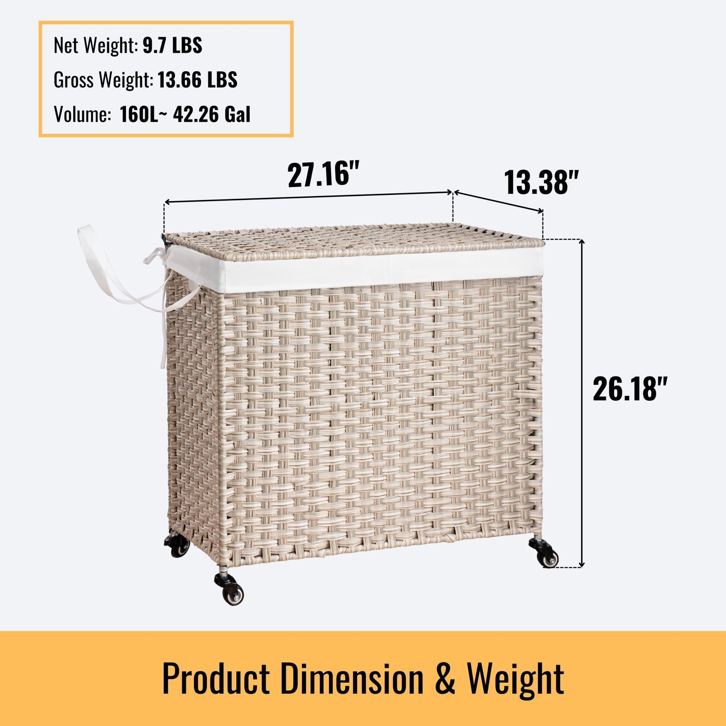 Laundry Hamper With Lid PE Rattan Powder Coating Frame Clothes Hampers With 2 Removable Bags, Wheels, 160L - Gray