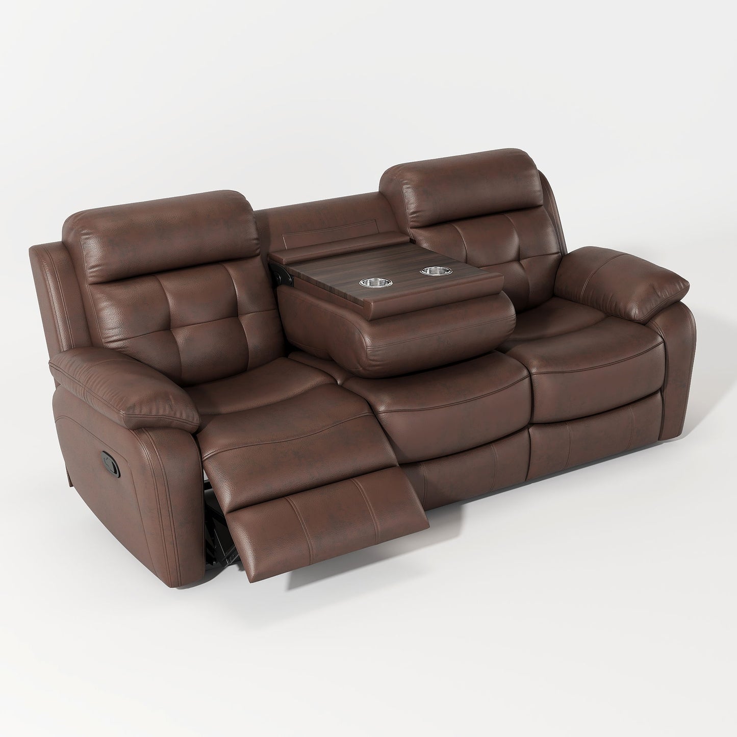 Genuine Leather Non-Power Reclining Sofa With Drop Down Table, Stainless Steel Cupholders And Magazine Bag - Brown