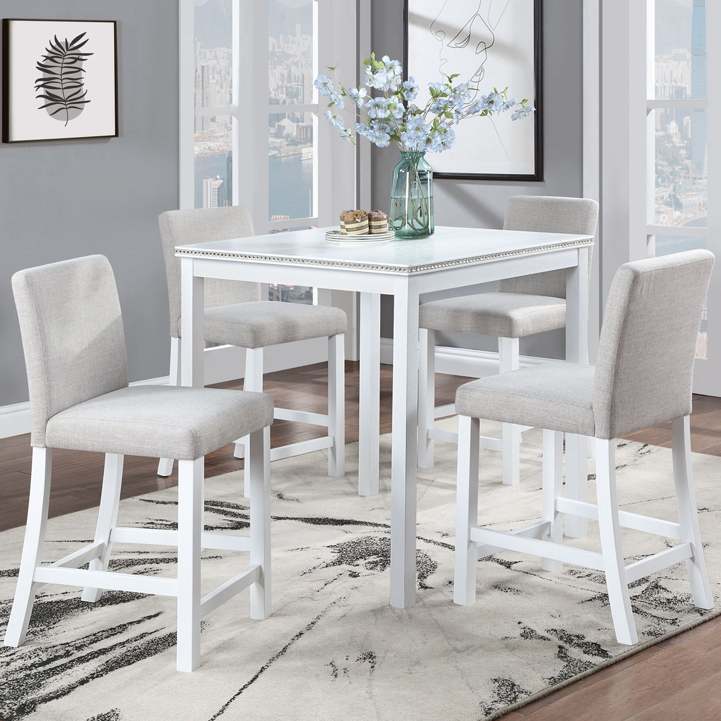 5 Piece Counter Height Table Set, Wooden Kitchen Table Set With Square Table And 4 Upholstered Chairs, Counter Height Dining Table With Crystal Decoration And Chair Set For Kitchen, Dining Room - White