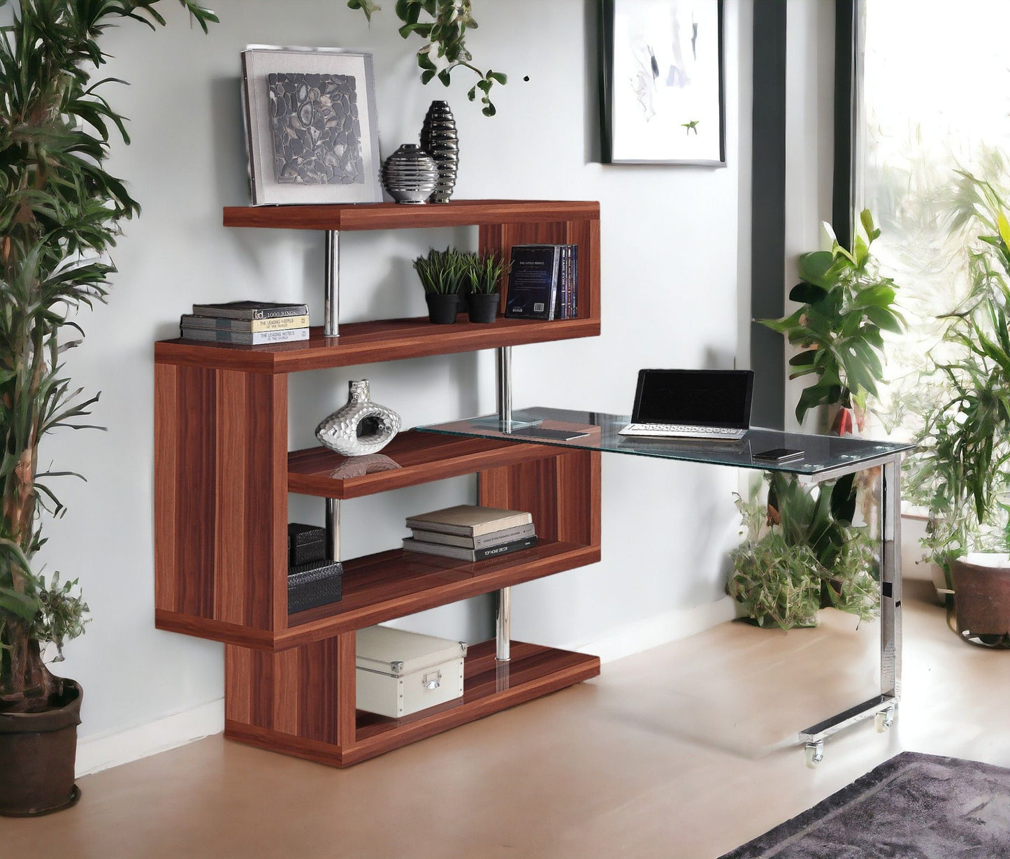 Buck II - Clear Glass, Chrome High Gloss Writing Desk With Shelf - Walnut