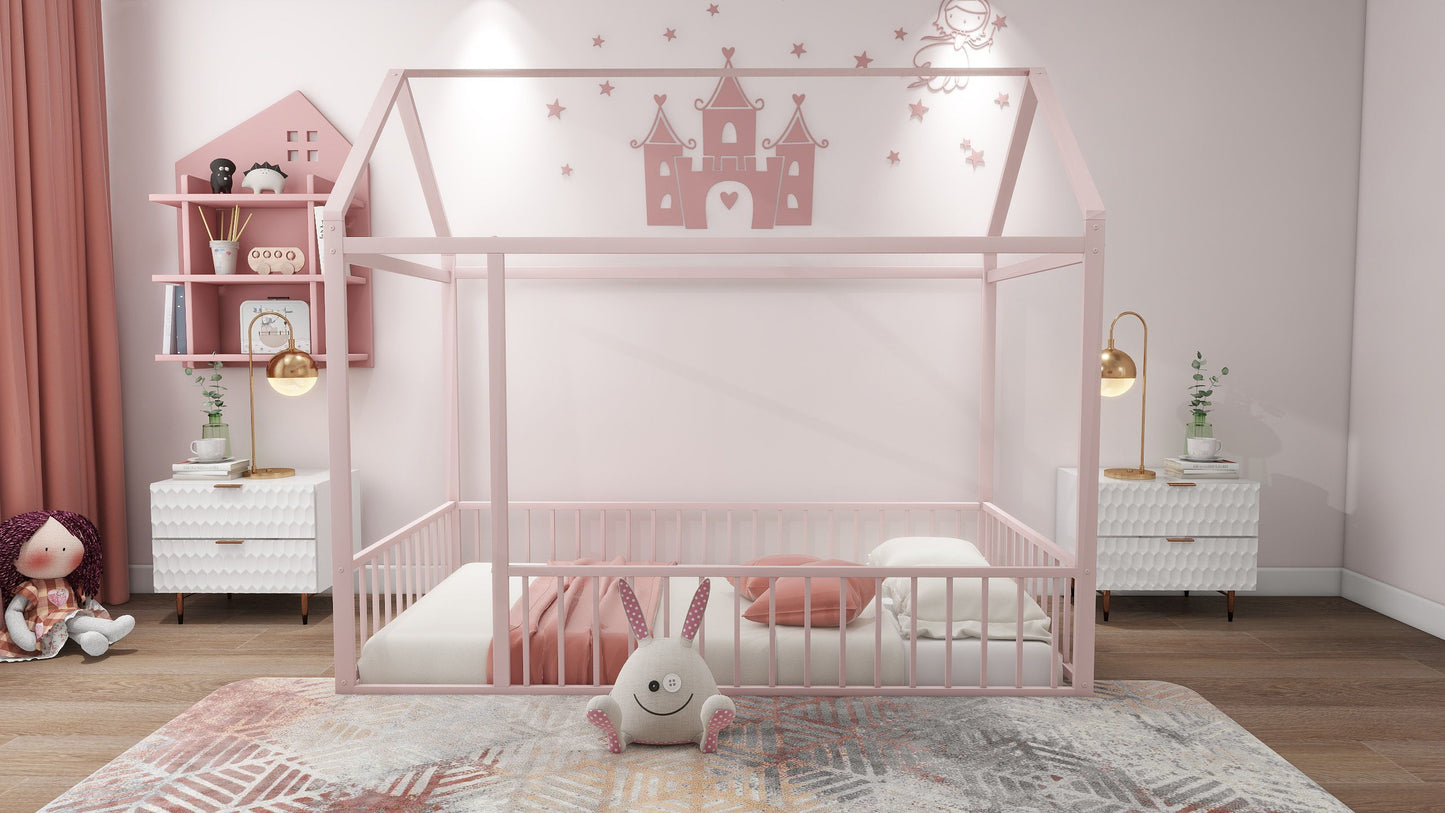 Twin Size Bed House Bed Frame With Fence - Pink