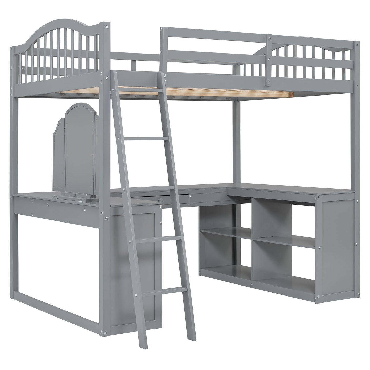 Full Loft Bed With U Shaped Desk, Storage Compartments And Tri Fold Mirror - Gray