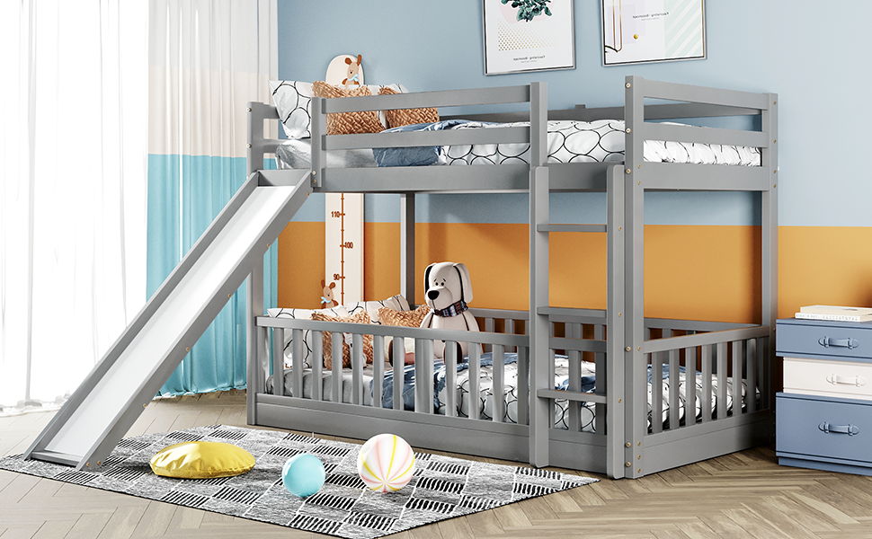 Twin Over Twin Classic Bunk Bed & Slide And Ladder - Gray