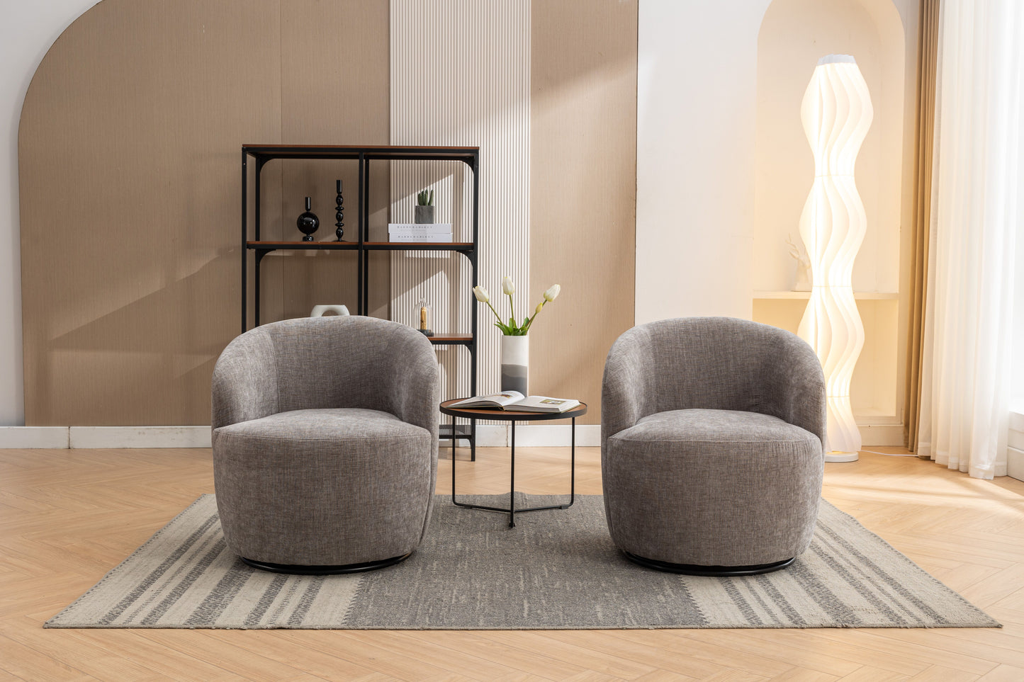 Chenille Fabric Swivel Accent Armchair Barrel Chair With Black Powder Coating Metal Ring - Gray