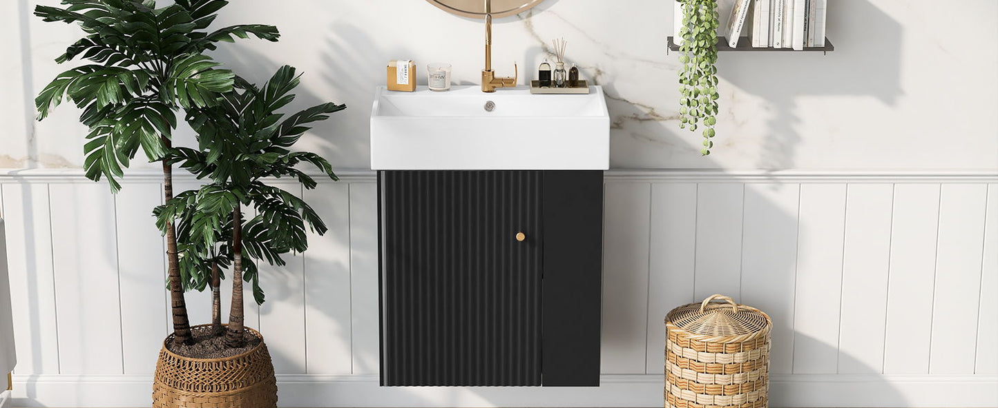 Modern Floating Bathroom Vanity With Ceramic Basin, Perfect For Small Bathrooms, Right Side Storage - Black