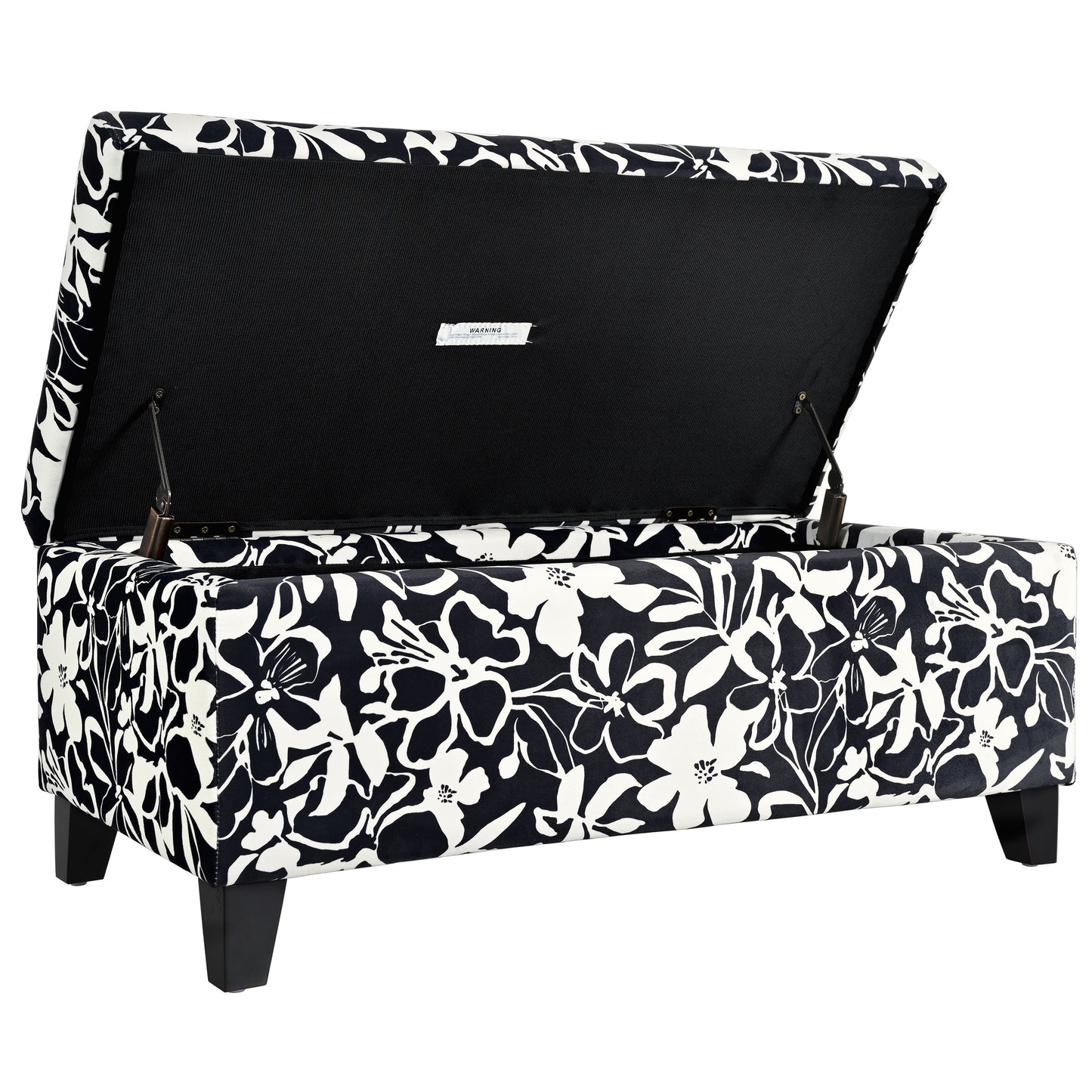 Luxury Storage Ottoman With Floral Patterned Fabric, Soft Close Hinges, Multi Functional Footrest & Seat - Black Floral / White