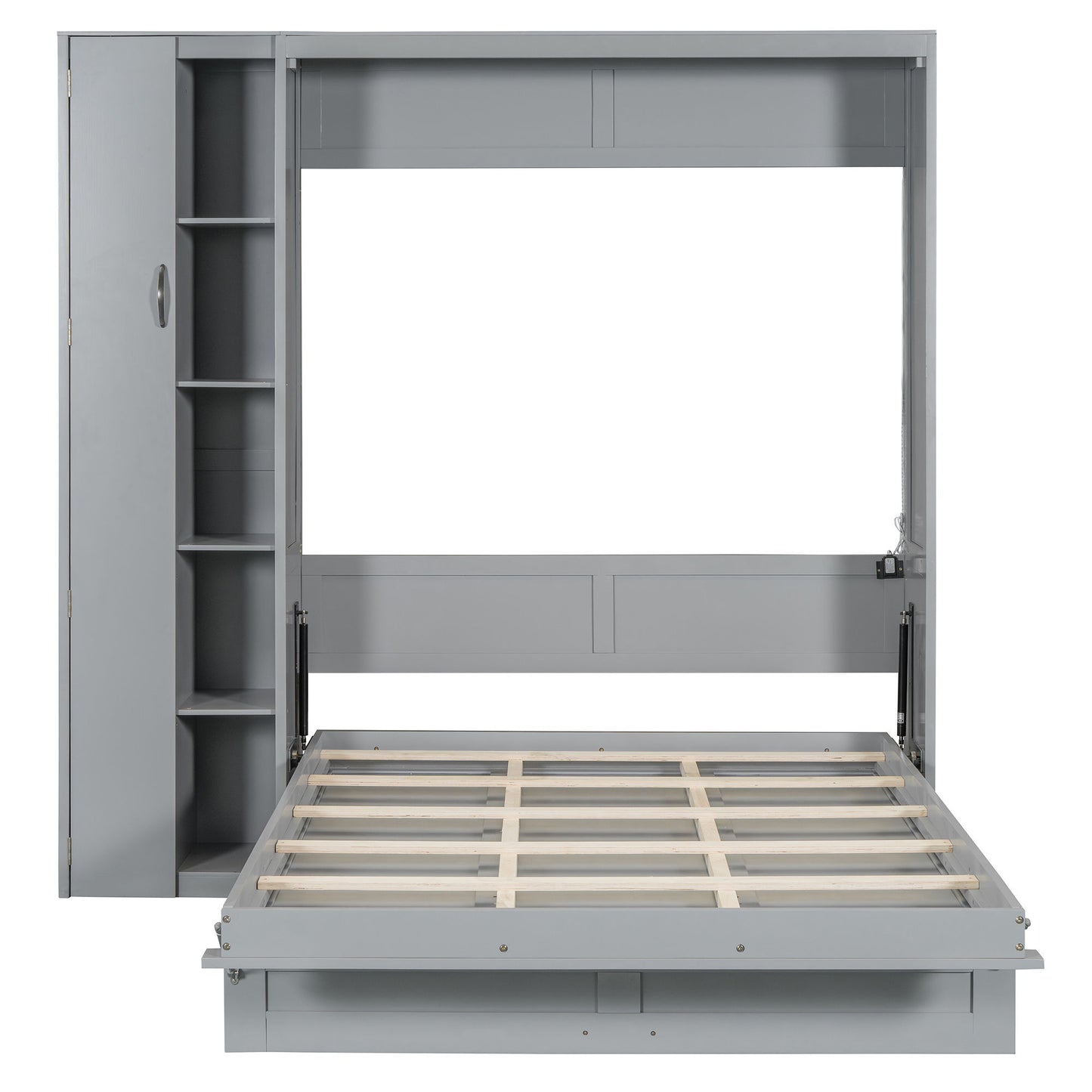 Full Size Murphy Wall Bed With Shelves, Wardrobe And LED Lights - Gray