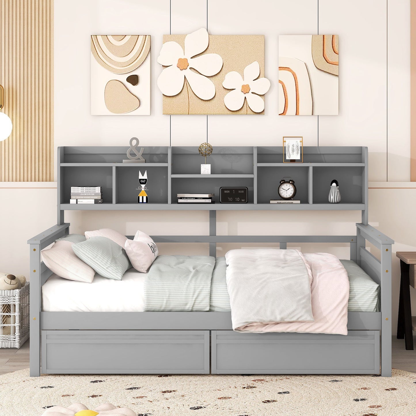 Full Size Daybed, Slat Support, With Bedside Shelf And 2 Drawers - Gray