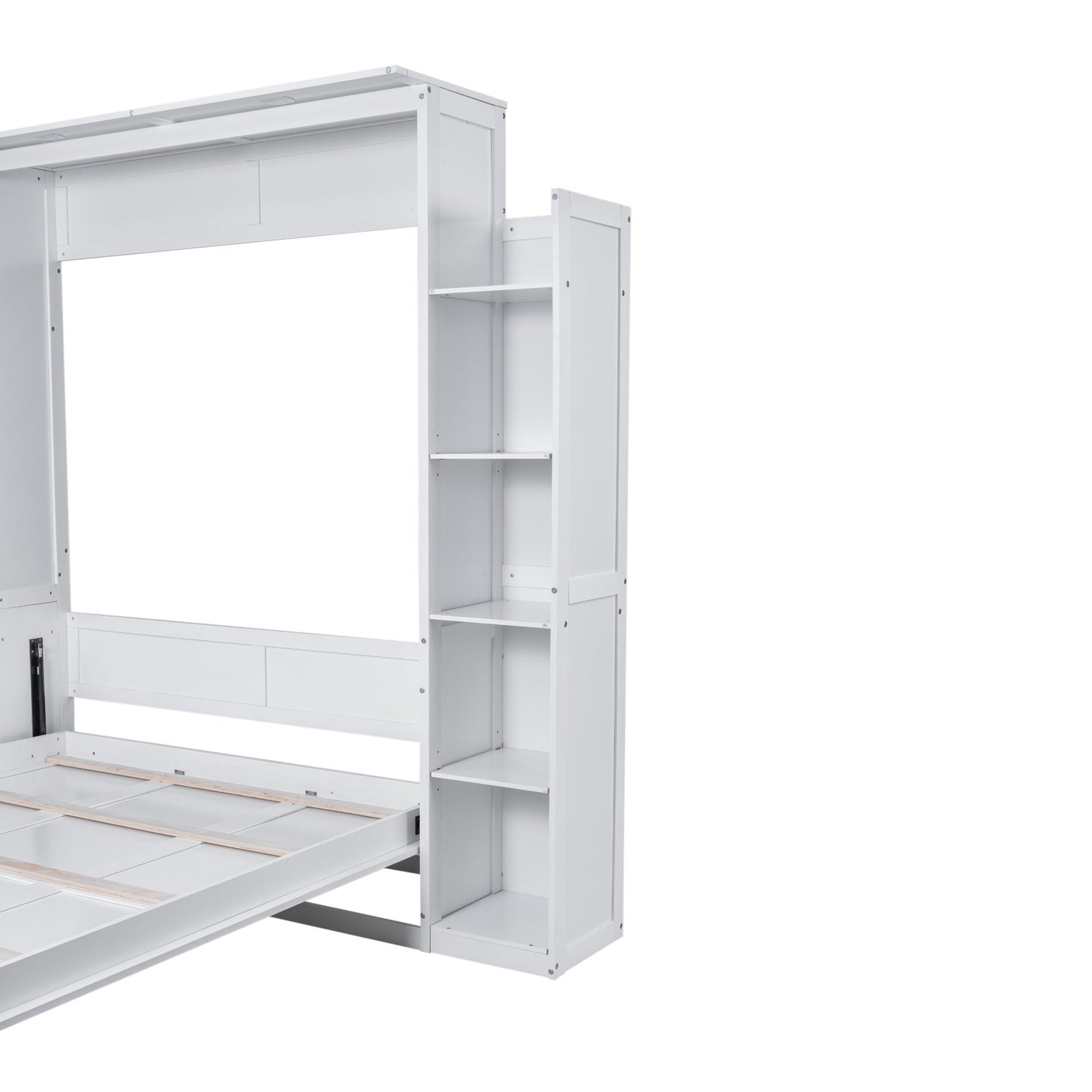 Queen Size Murphy Wall Bed With Shelves And LED Lights - White
