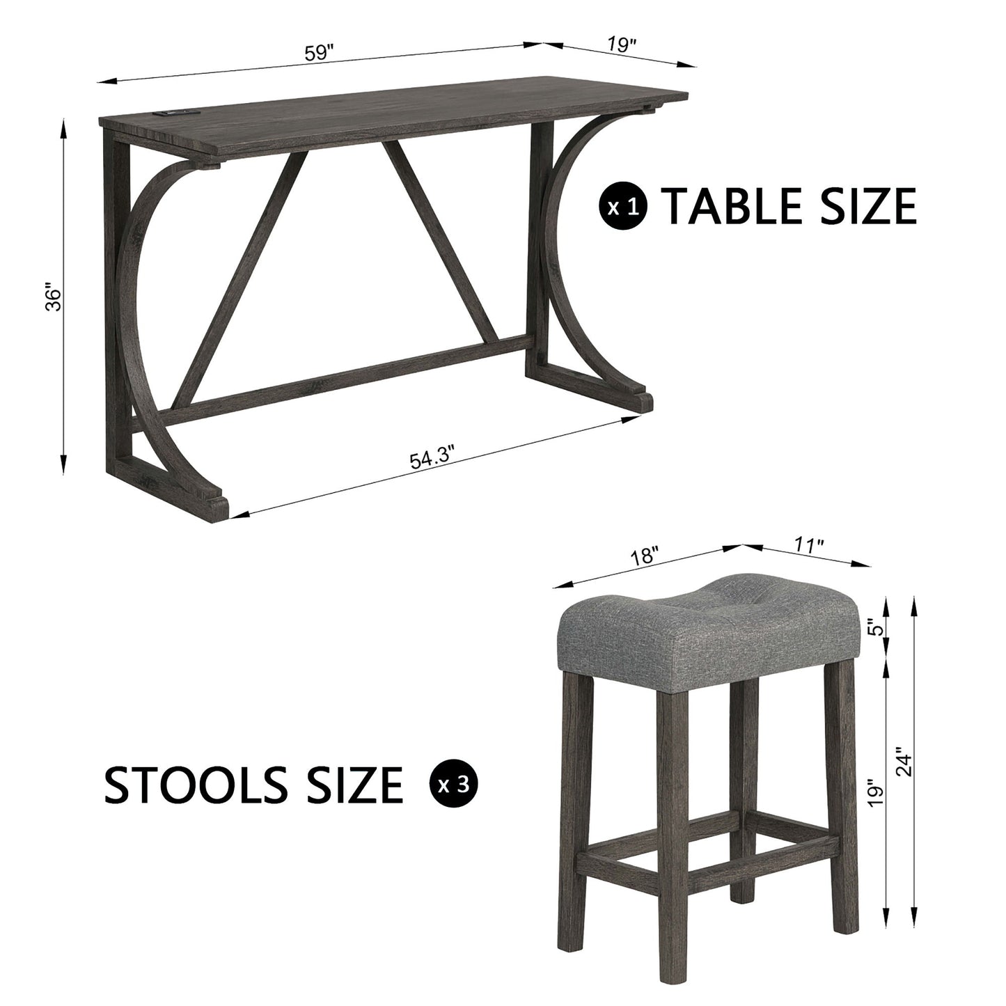 4 Piece Bar Table Set With Power Outlet, Dining Bar Table And Chairs Set, Bar Table Set With 3 Padded Stools For Living Room, Dining Room, Game Room - Dark Gray