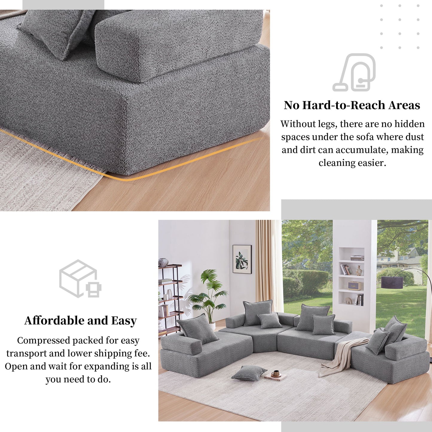 Loveseat Frame For Oversized Modular U Shaped Sectional Floor Couch Convertible Compressed Couch, Spacious Foam Filled Sofa - Gray
