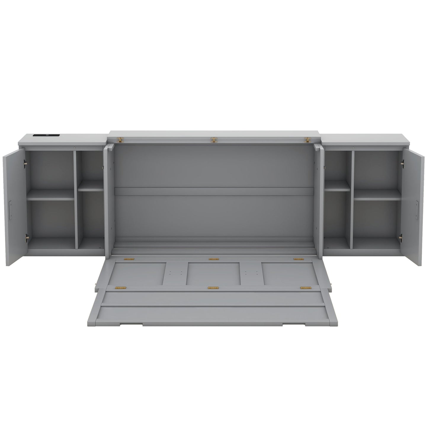 Queen Size Murphy Bed With Shelves, Cabinets And USB Ports - Gray
