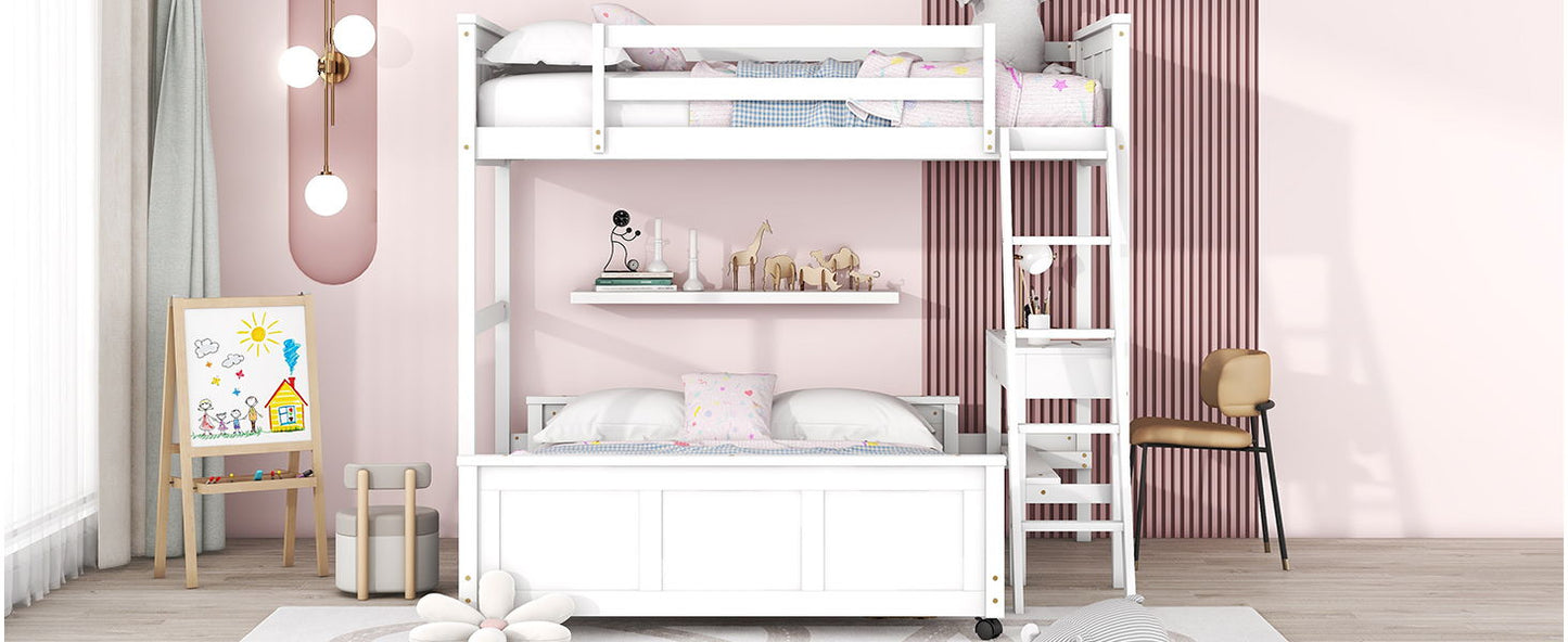 Twin Over Full Bunk Bed With Desk - White
