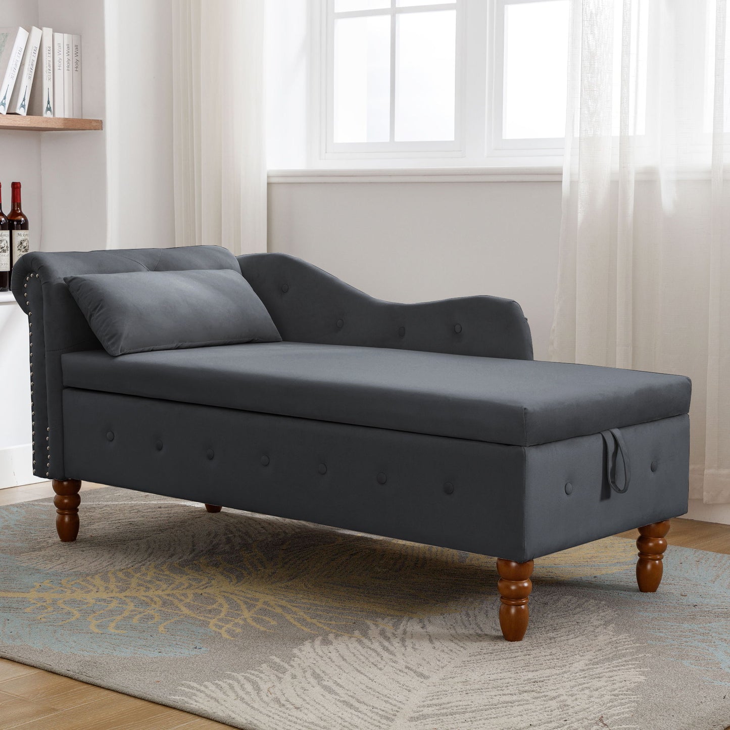 Chaise Lounge Indoor, Velvet Lounge Chair For Bedroom With Storage & Pillow, Modern Upholstered Rolled Arm Chase Lounge For Sleeping With Nailhead Trim For Living Room Bedroom Office - Black