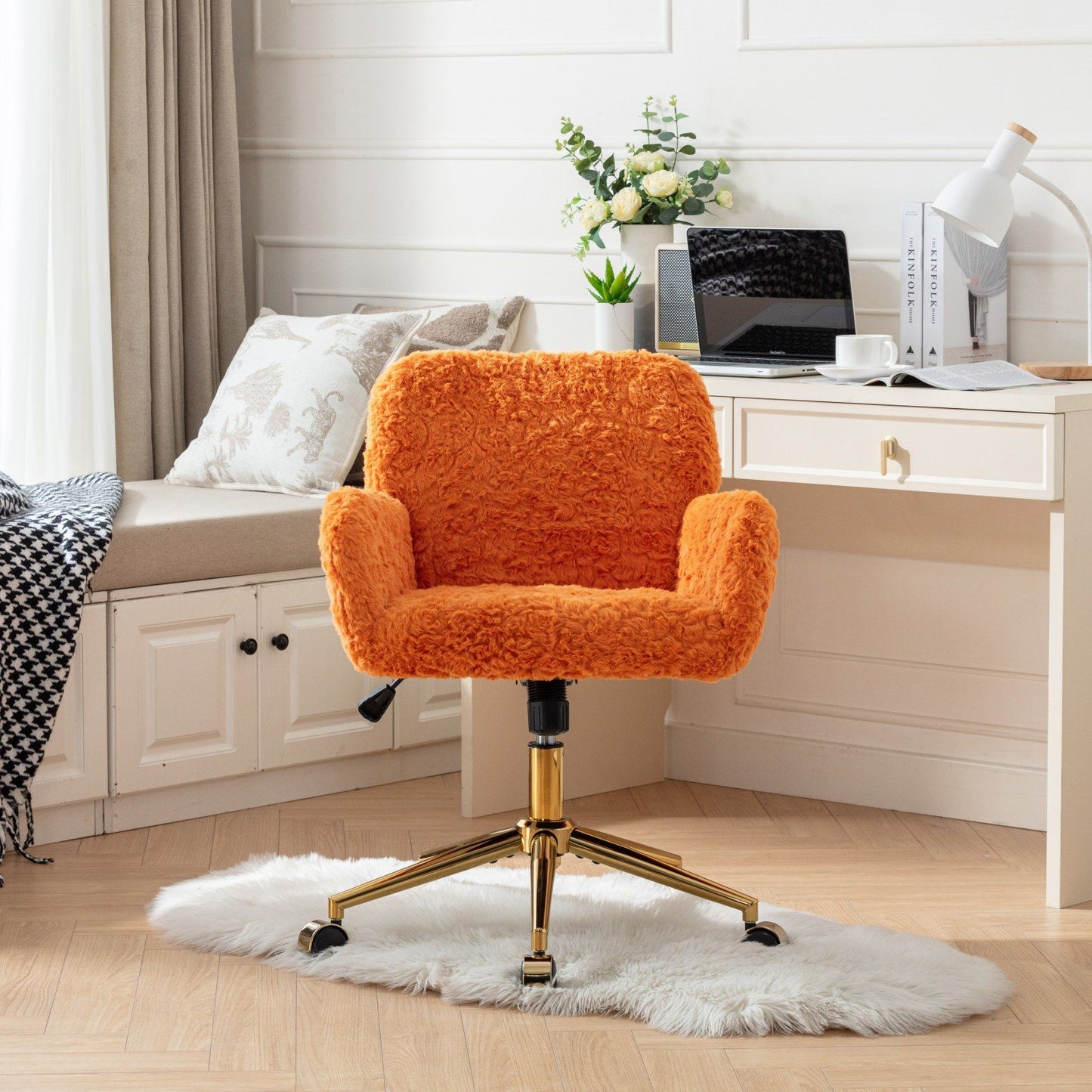 Office Chair, Artificial Rabbit Hair Home Office Chair With Golden Metal Base, Adjustable Desk Chair Swivel Office Chair, Vanity Chair - Orange