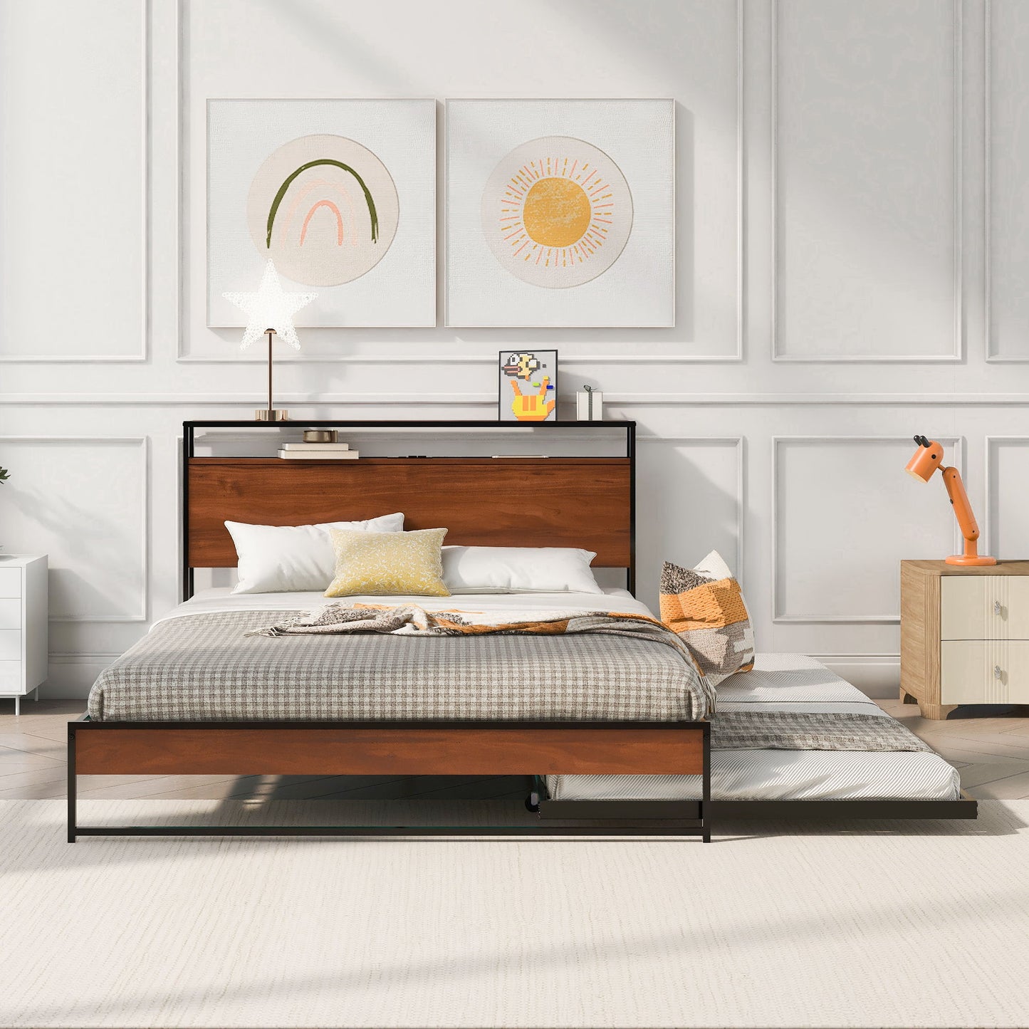 Queen Size Platform Bed Frame With Trundle, USB Ports And Slat Support, No Box Spring Needed - Black