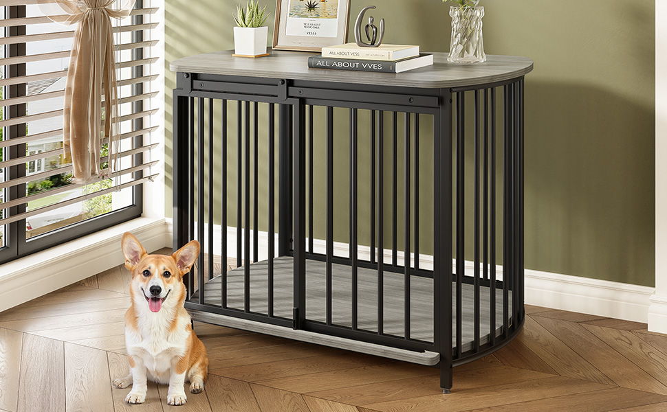 Furniture Style Dog Crate For Small And Medium Dogs, Wooden Cage Indoor Kennel Furniture, Modern Dog Crate End Table With Double Doors - Gray