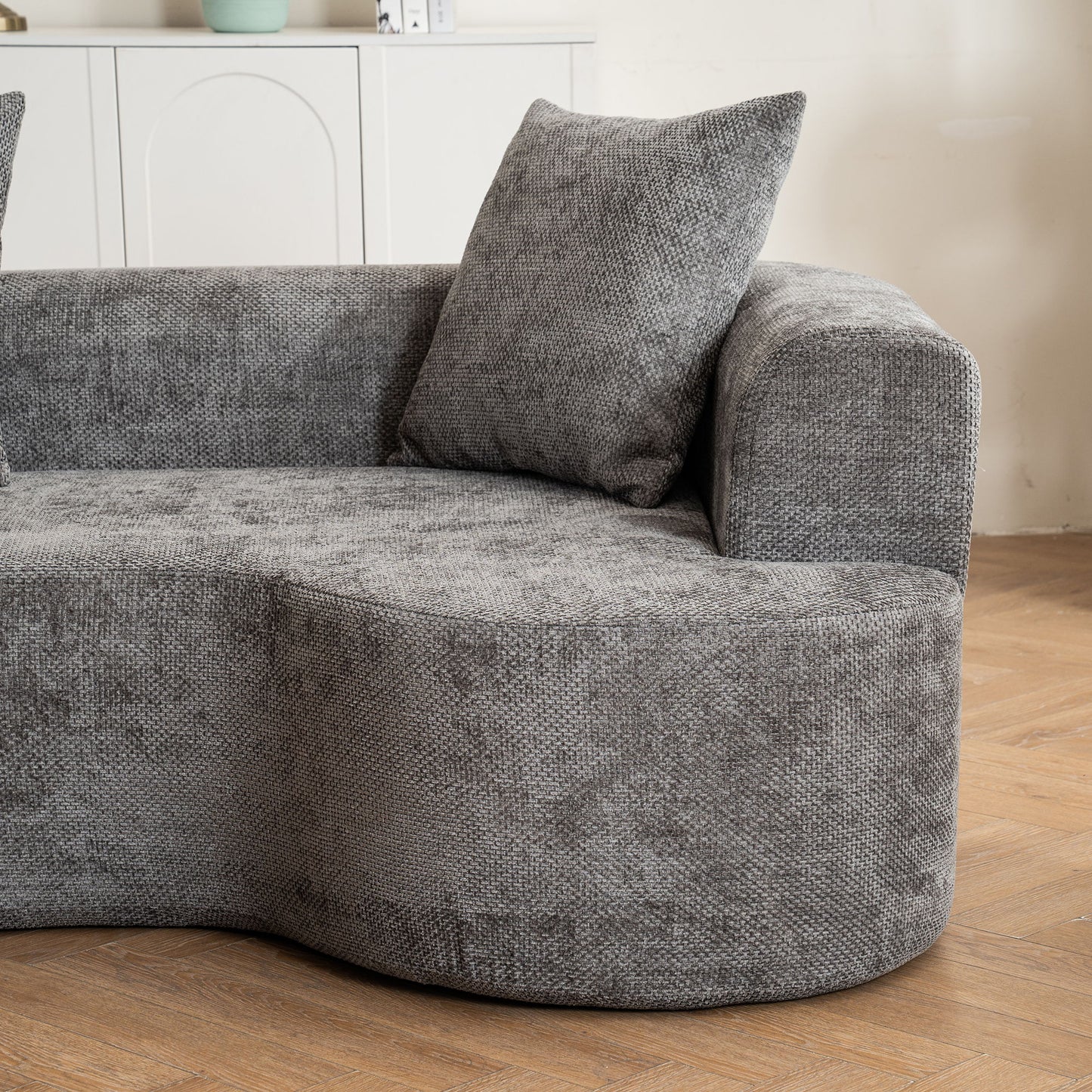 Modern Style Curved Sofa, Soft Cushioned Corduroy Sofa With 3 Pillows, Living Room Super Smooth Curved Fabric Sofa - Gray