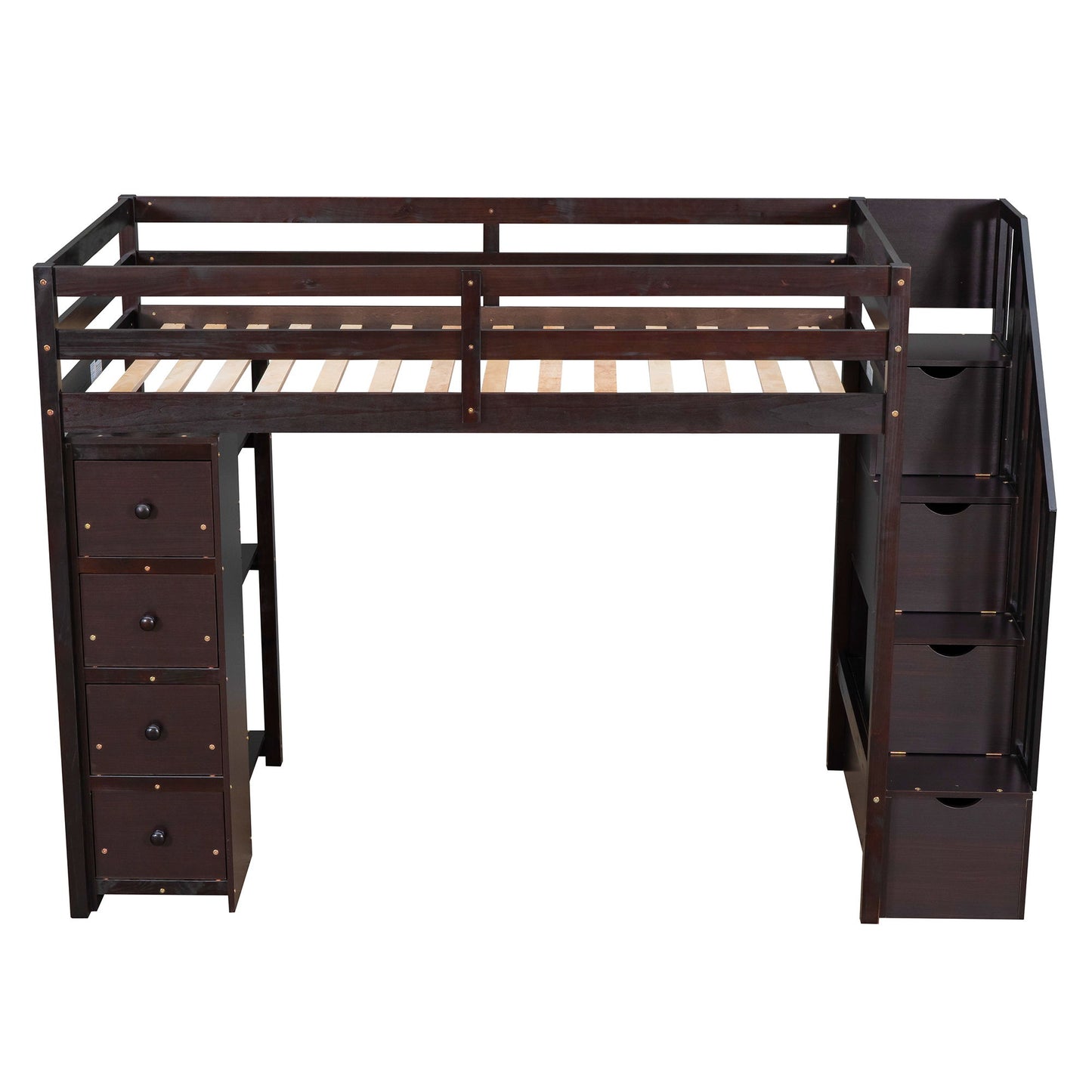 Twin Size Loft Bed With Storage Drawers And Stairs With Shelves - Espresso