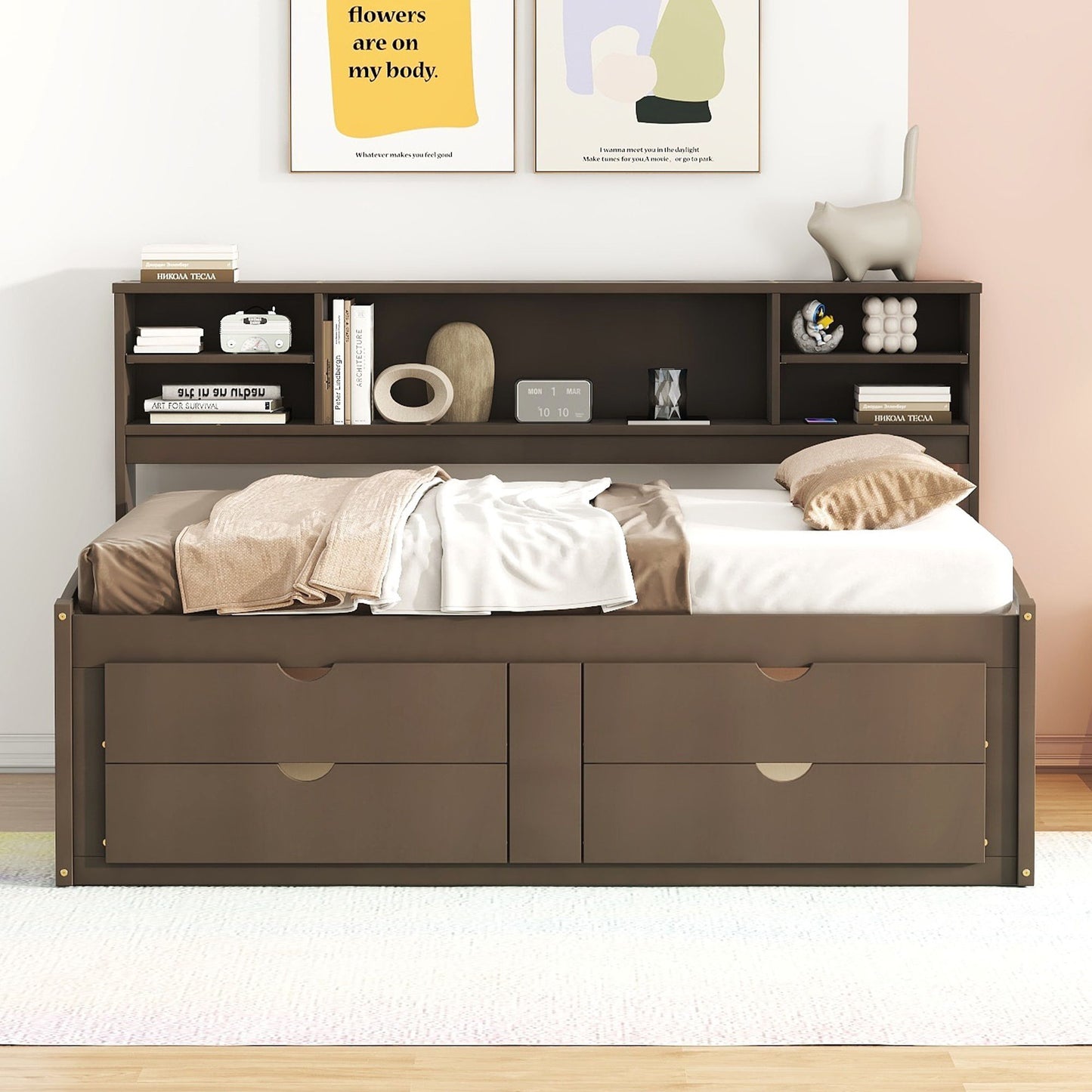 Full Size Daybed With 2 Bedside Cabinets, Upper Shelves And 4 Drawers - Antique Brown