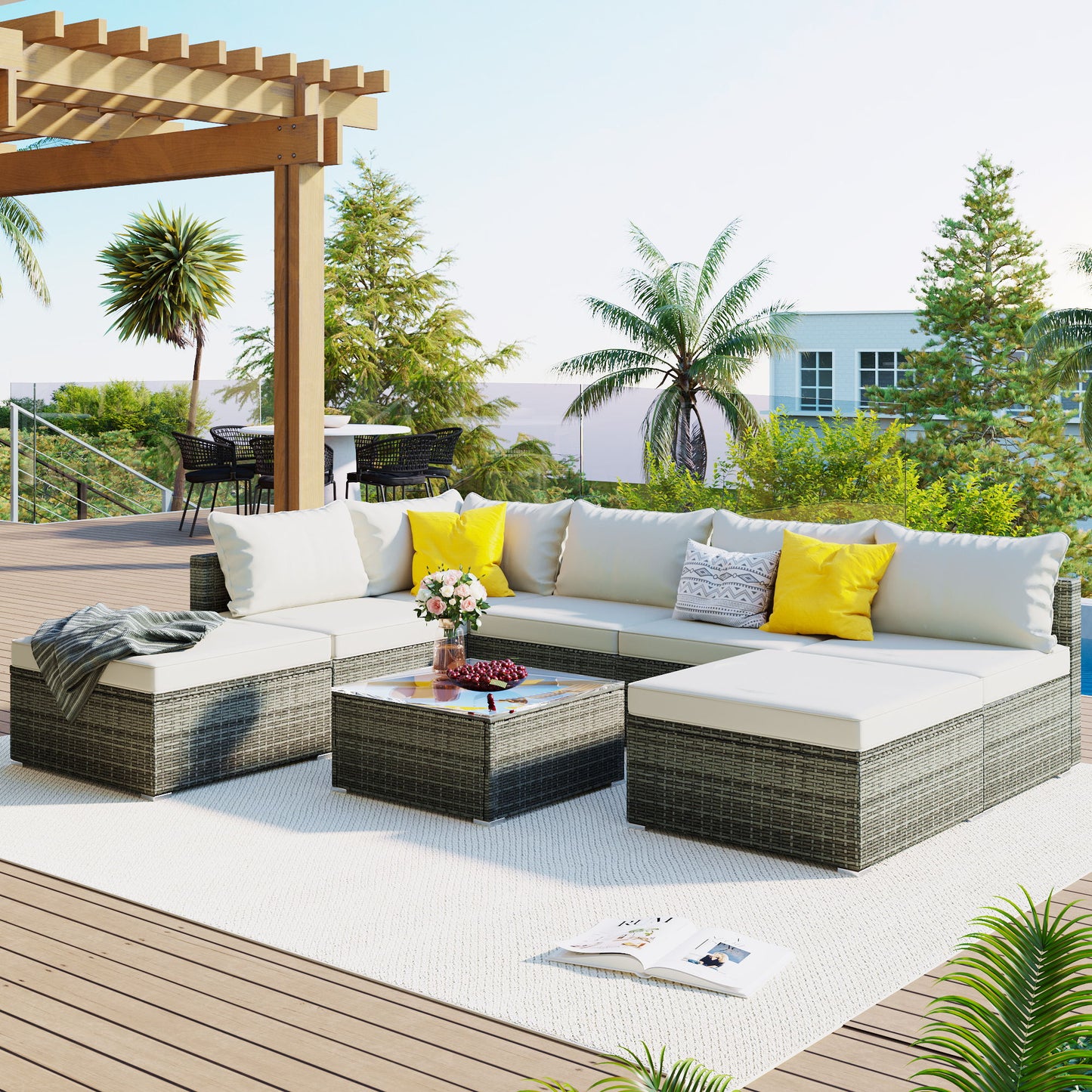 8 Pieces Outdoor Patio Furniture Sets, Garden Conversation Wicker Sofa Set, Single Sofa Combinable - Beiges / Gray