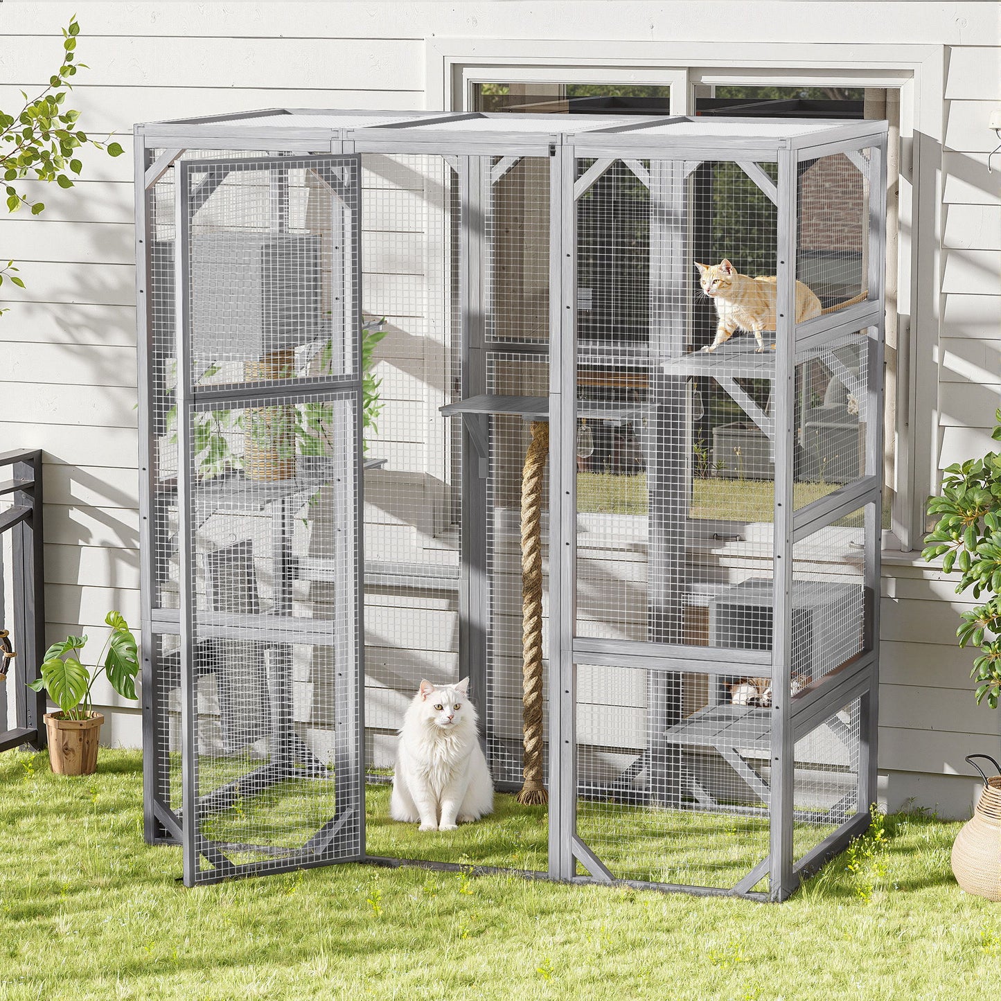 Outdoor Cat House, Diy Cat Enclosure Catio With Double Enter Doors - Light Gray
