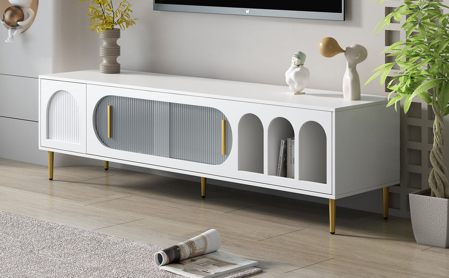Modern TV Stand For Up To 70" TV, Entertainment Center TV Media Console Table, With 3 Shelves And 2 Cabinets, TV Console Cabinet Furniture For Living Room - White