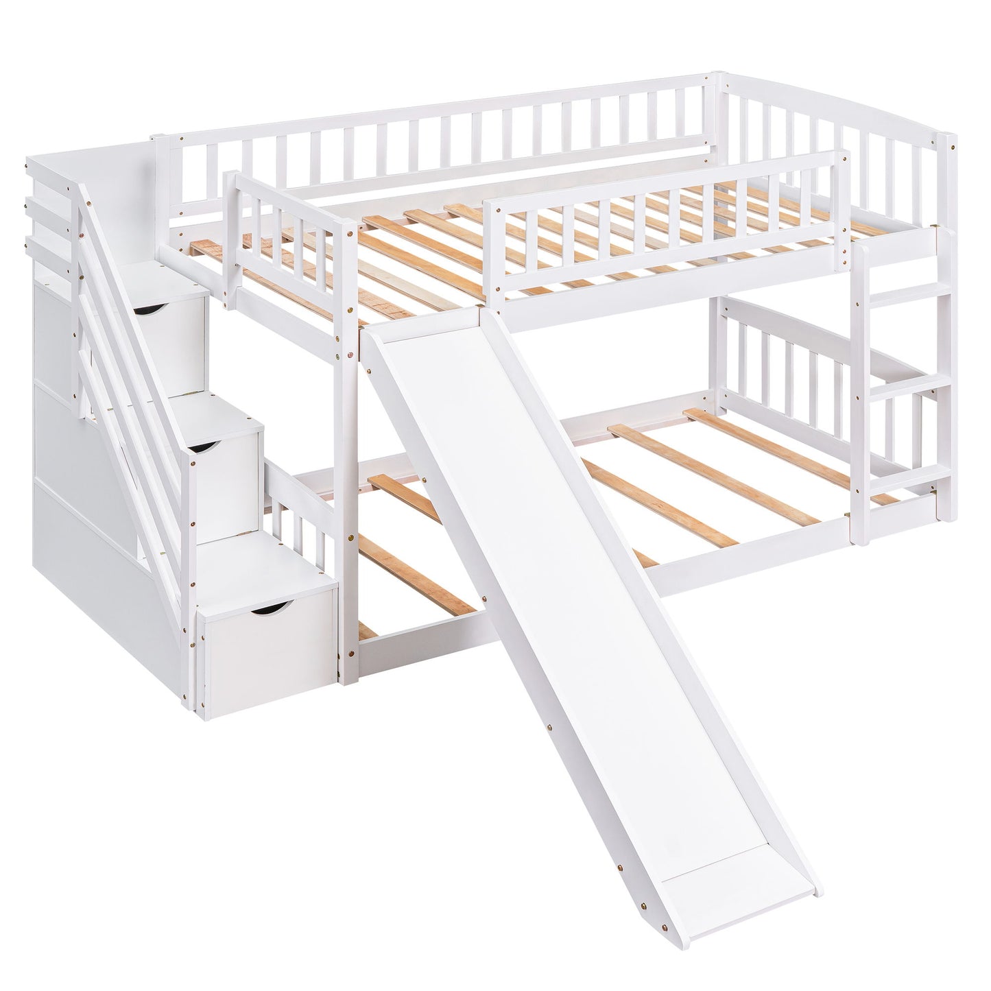 Twin Over Twin Stairway Bunk Bed & Two Drawers And Slide - White