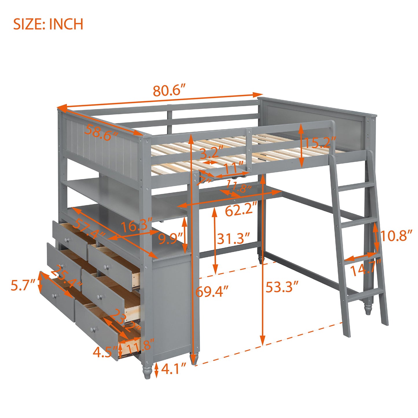 Full Size Loft Bed With Drawers And Desk With Shelves - Gray