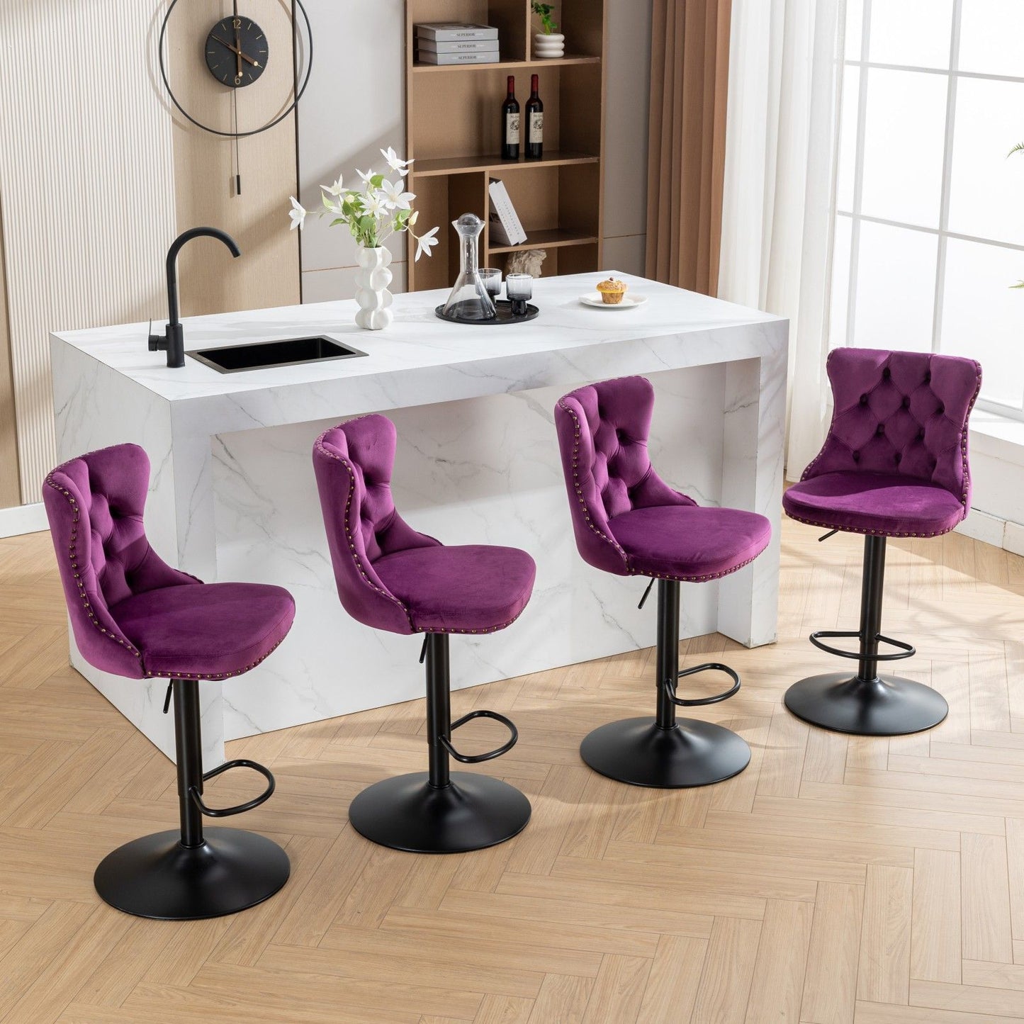 Swivel Velvet Barstools Adjusatble Seat Height , Modern Upholstered Bar Stools With Backs Comfortable Tufted For Home Pub And Kitchen Island (Set of 2) - Purple
