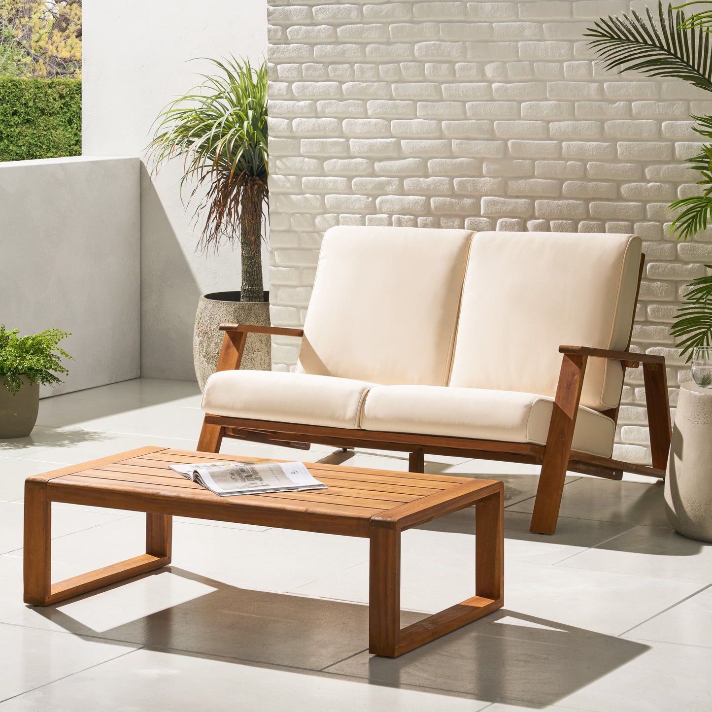 Paloma - Loveseat And Coffee Table Set With Adirondack Design Acacia Wood And Waterproof Fabric - Teak / Beige