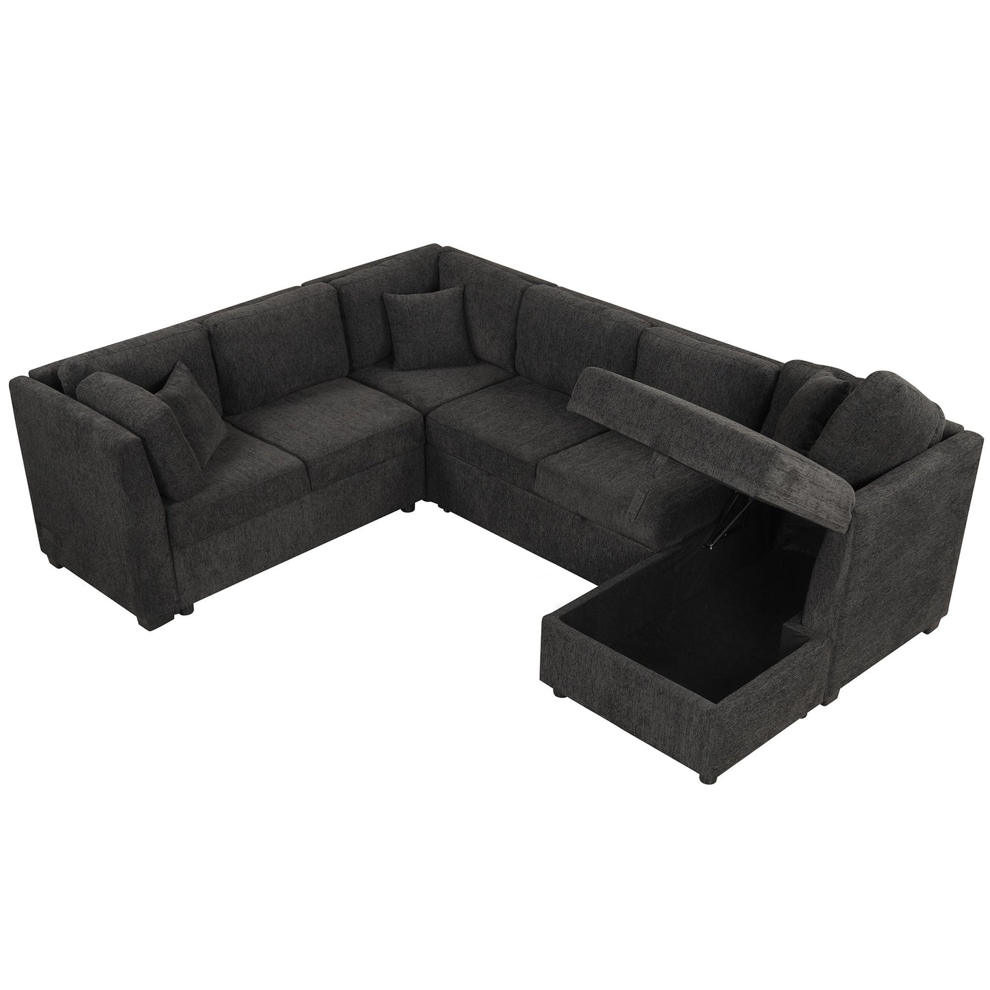 U-Shaped Sectional Sofa Pull Out Sofa Bed With Two USB Ports, Two Power Sockets, Three Back Pillows And A Storage Chaise For Living Room - Black