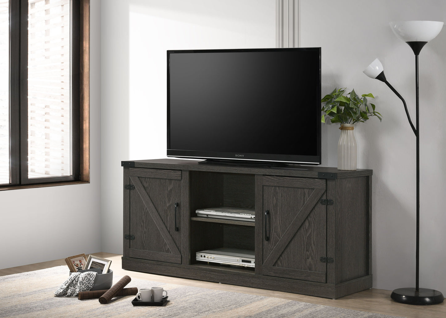 Salma - Wide TV Stand With 2 Open Shelves And 2 Cabinets - Dark Gray