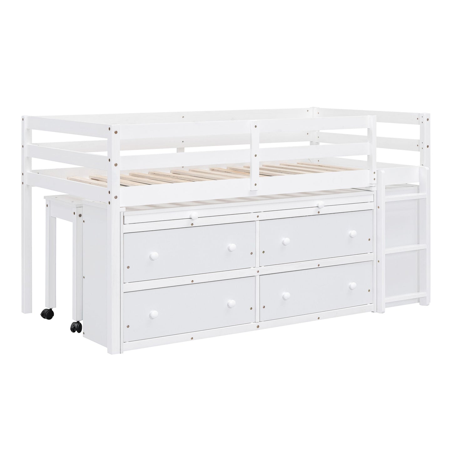 Twin Size Loft Bed With Retractable Writing Desk And 4 Drawers, With Lateral Portable Desk And Shelves - White