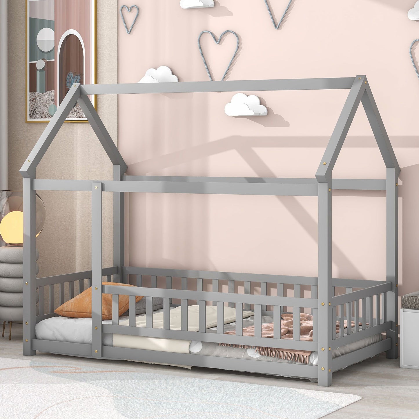 Twin Size Floor Wooden Bed With House Roof Frame, Fence Guardrails - Gray