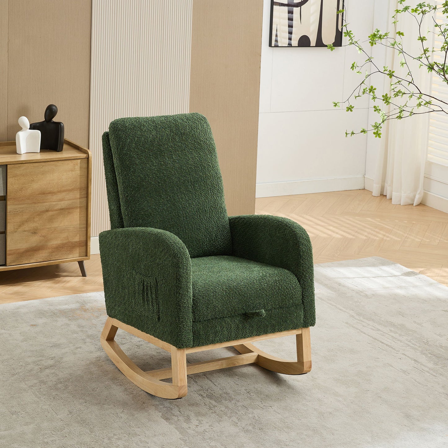 Boucle High Back Glider Rocking Chair With Retractable Footrest And Rubber Wood Legs For Nursery And Living Room - Green