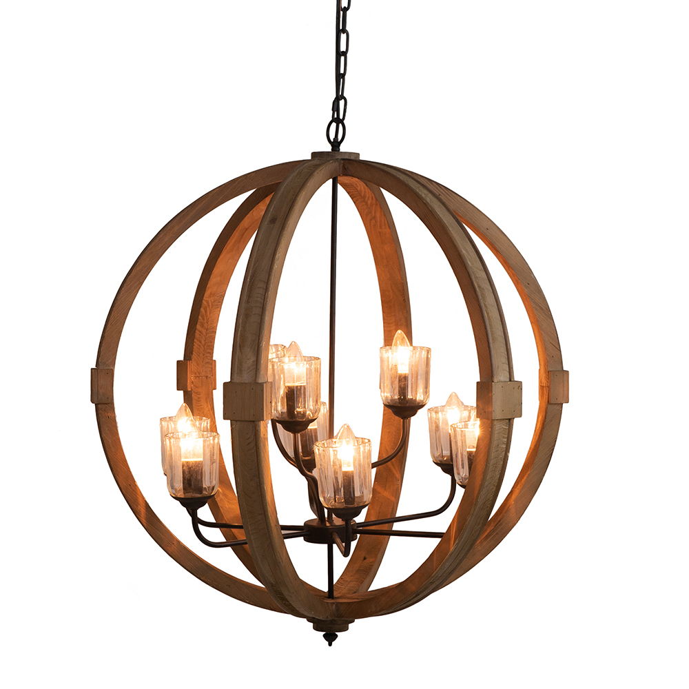 9 Light Globe Chandelier, Wood Chandelier Hanging Light Fixture With Adjustable Chain For Kitchen, Bulb Not Included - Brown