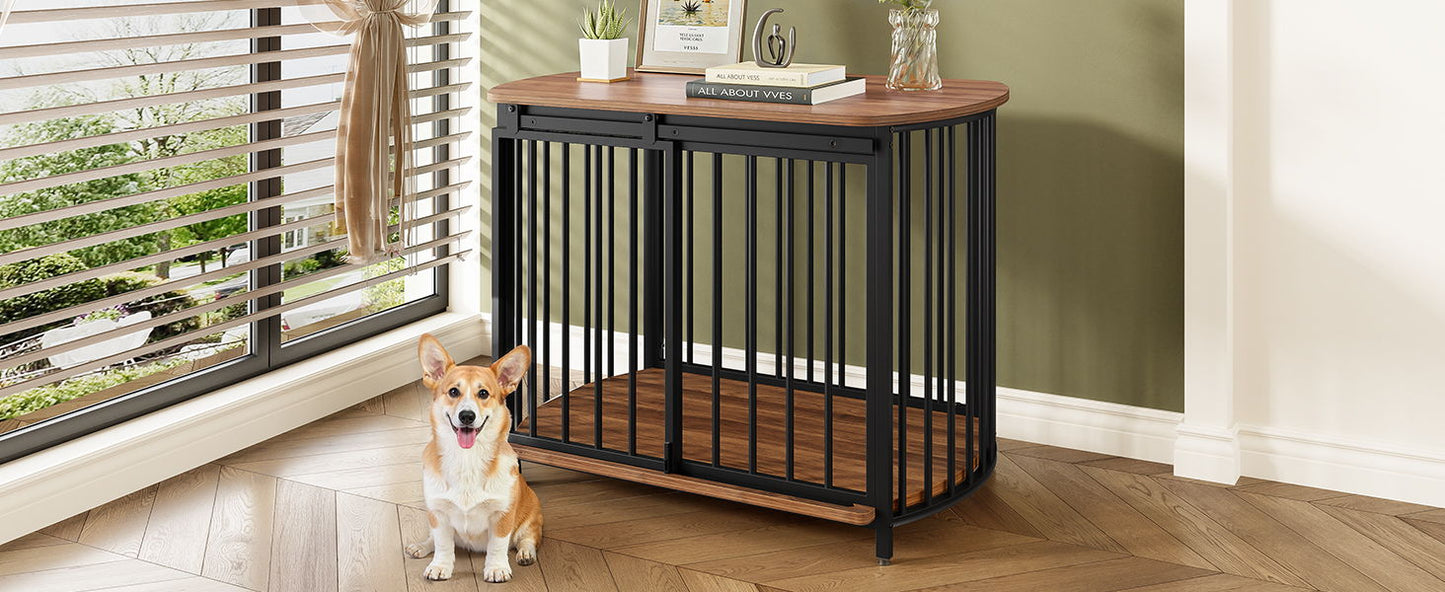 Furniture Style Dog Crate For Small And Medium Dogs, Wooden Cage Indoor Kennel Furniture, Modern Dog Crate End Table With Double Doors - Brown