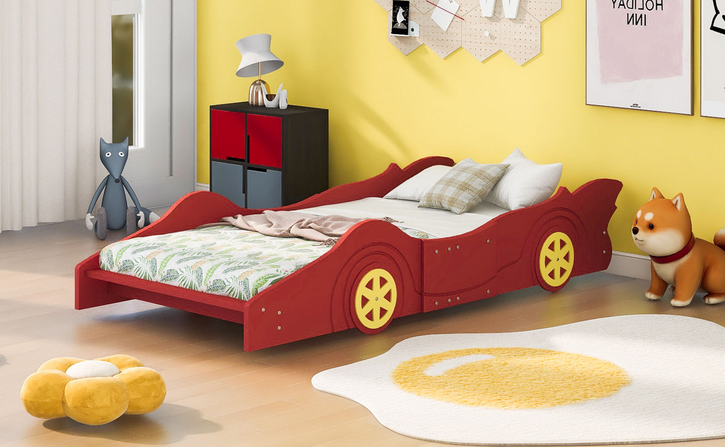 Twin Size Platform Bed Race Car Shaped With Wheels - Red
