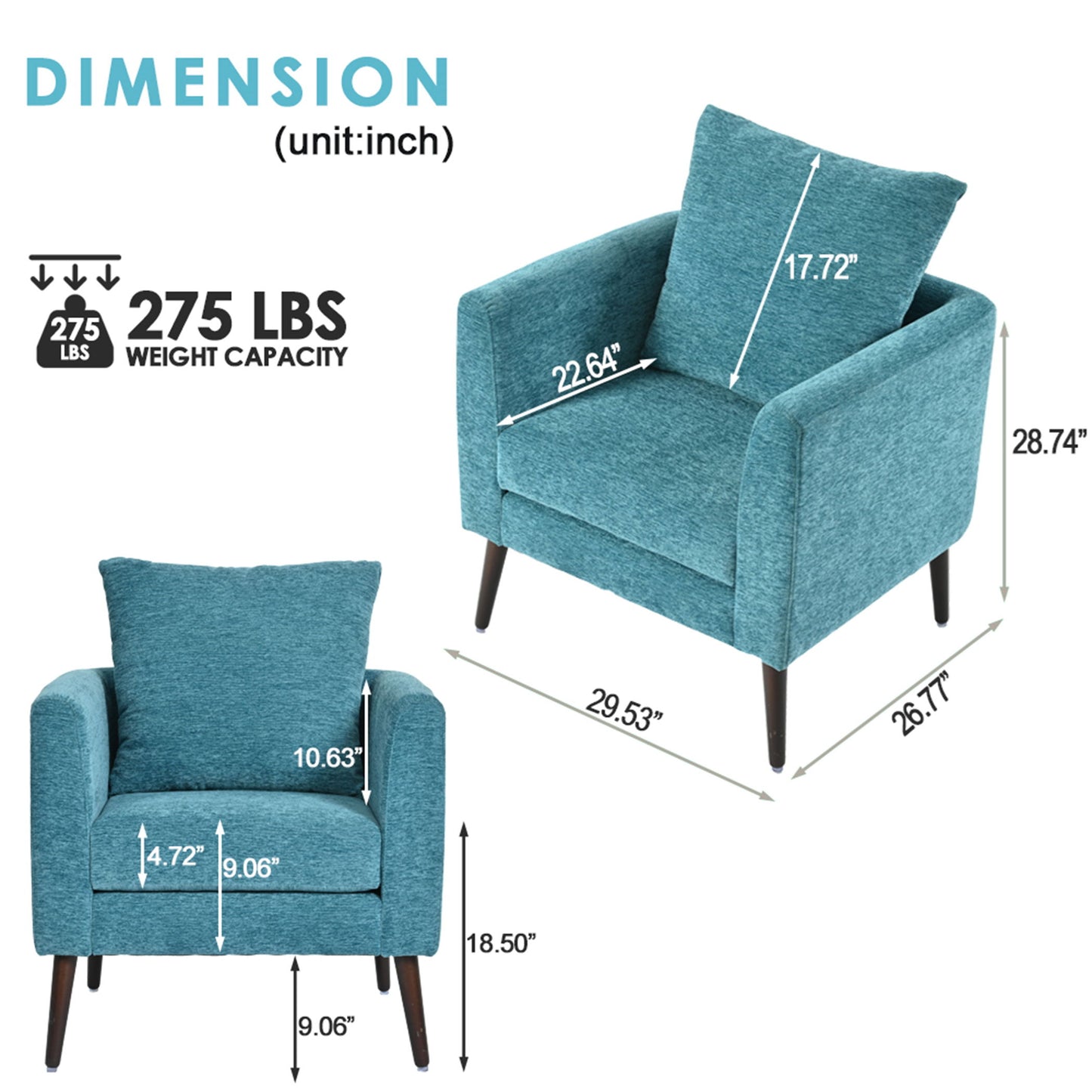 Accent Chair, Boucle Chair, Barrel Chair, Fabric Armchair Club Chair, Upholstered Arm Chair With Solid Wood Legs, Waist Pillow, Padded Single Chair For Living Room / Bedroom / Study / Waiting Room - Teal