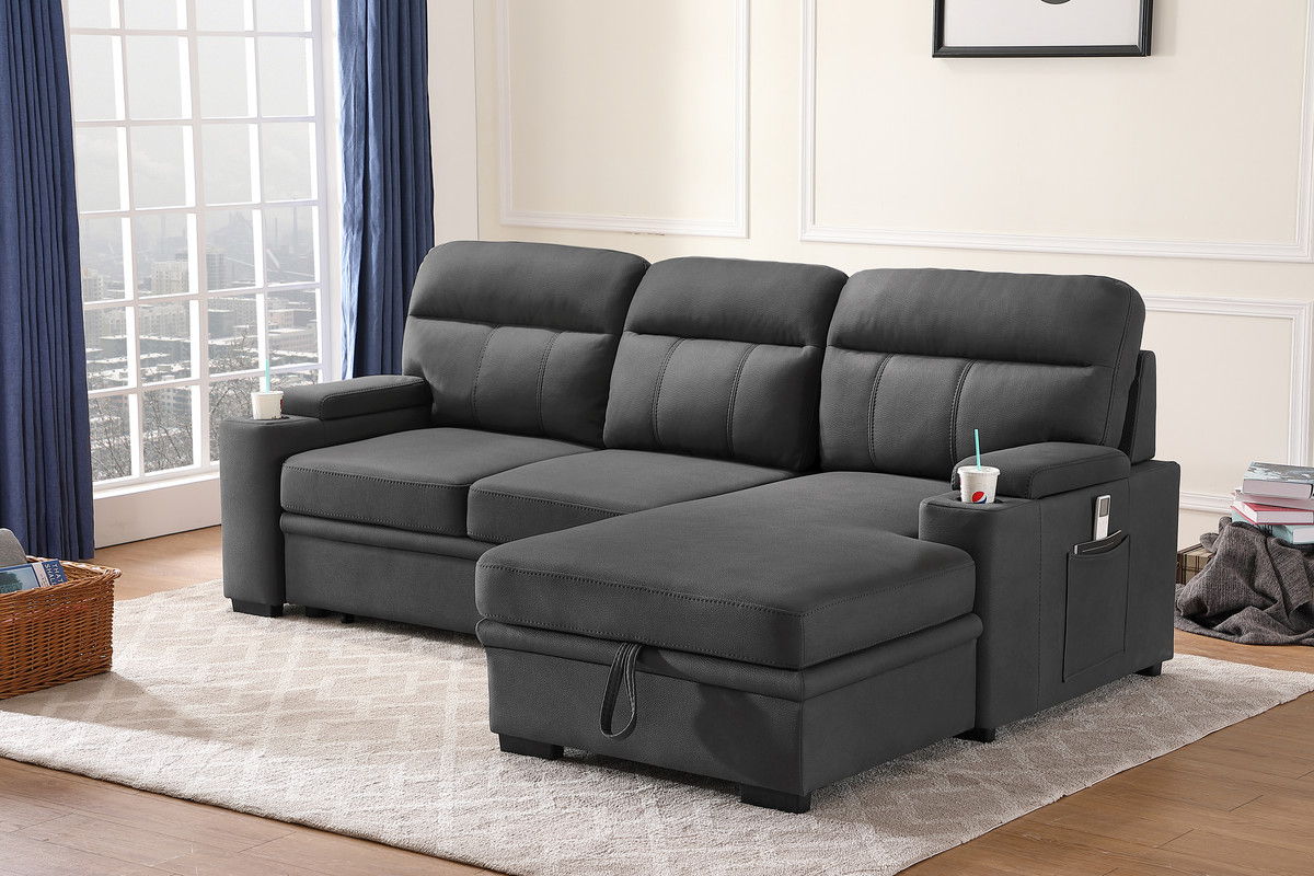 Kaden - Sleeper Sectional Sofa Chaise With Storage Arms And Cupholder - Gray