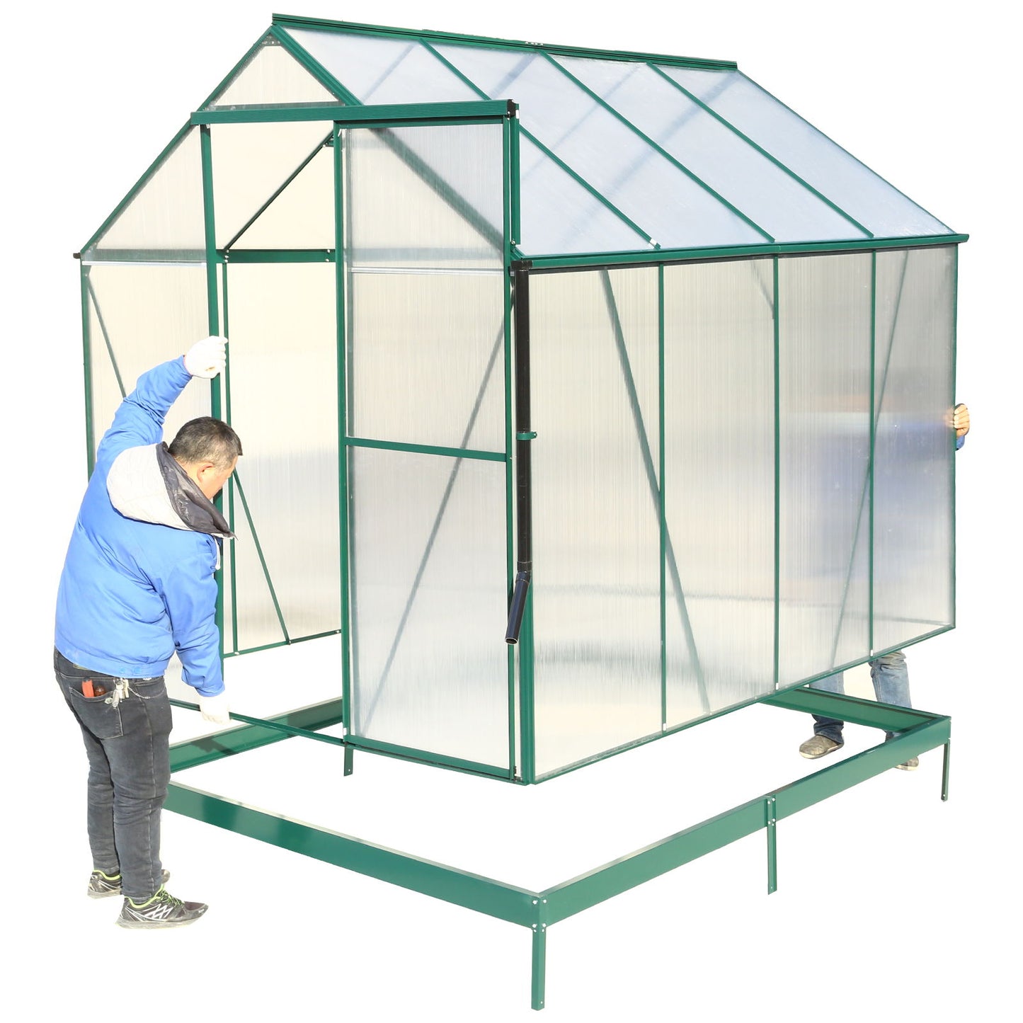6.3'x8.2'x7' Polycarbonate Greenhouse, Heavy Duty Outdoor Aluminum Walk-In Green House Kit With Rain Gutter, Vent And Door For Backyard Garden - Green