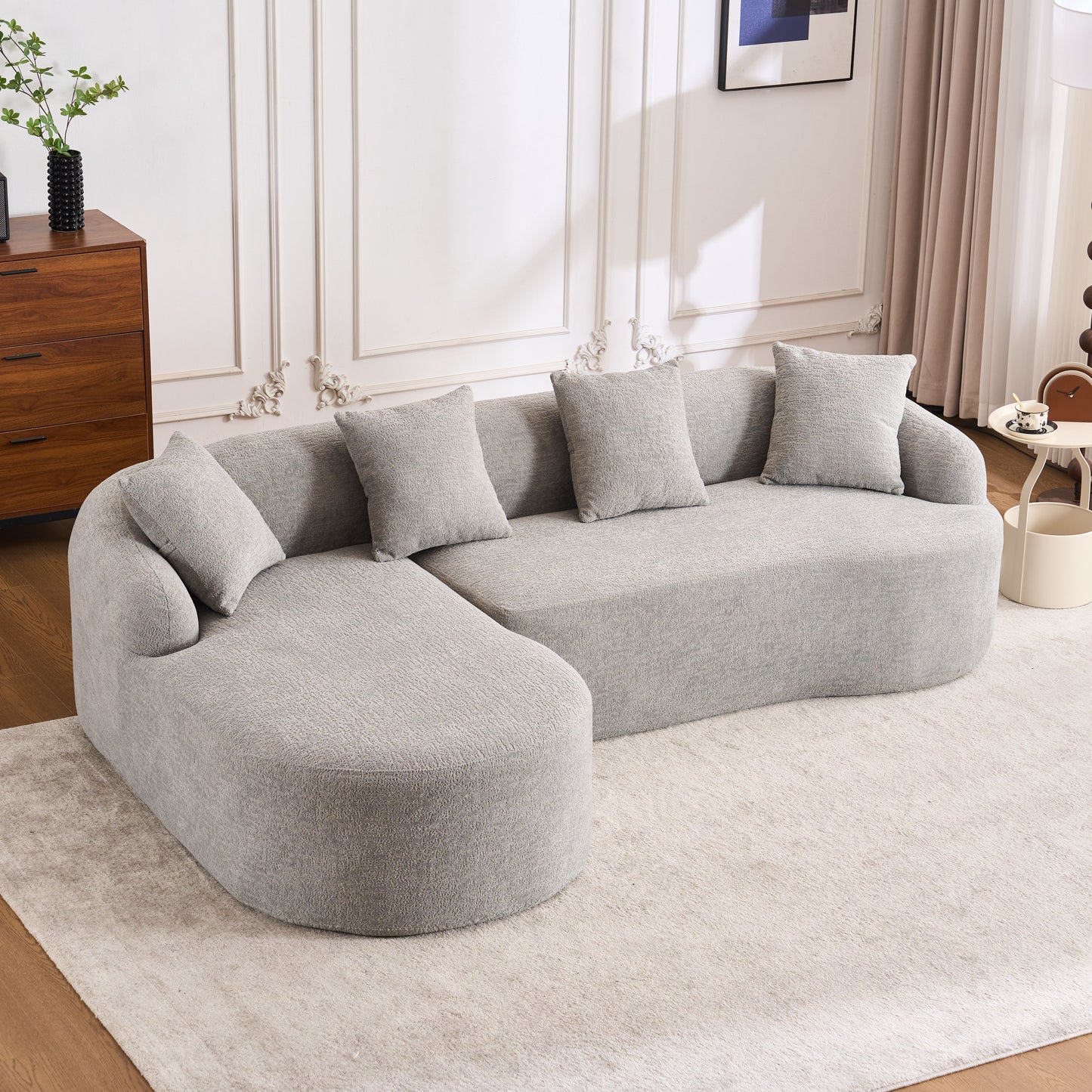 Compression Sofa: Combining Chaise Longue With 3 Seater, Wood Grain Chenille Fabric, Full Sponge Compression Sofa, Combined Sofa With 4 Pillows For Living / Home Furniture / Apartment - Gray