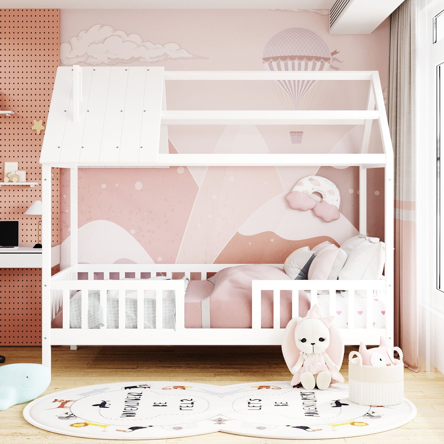 Twin Size House Bed With Fence - White