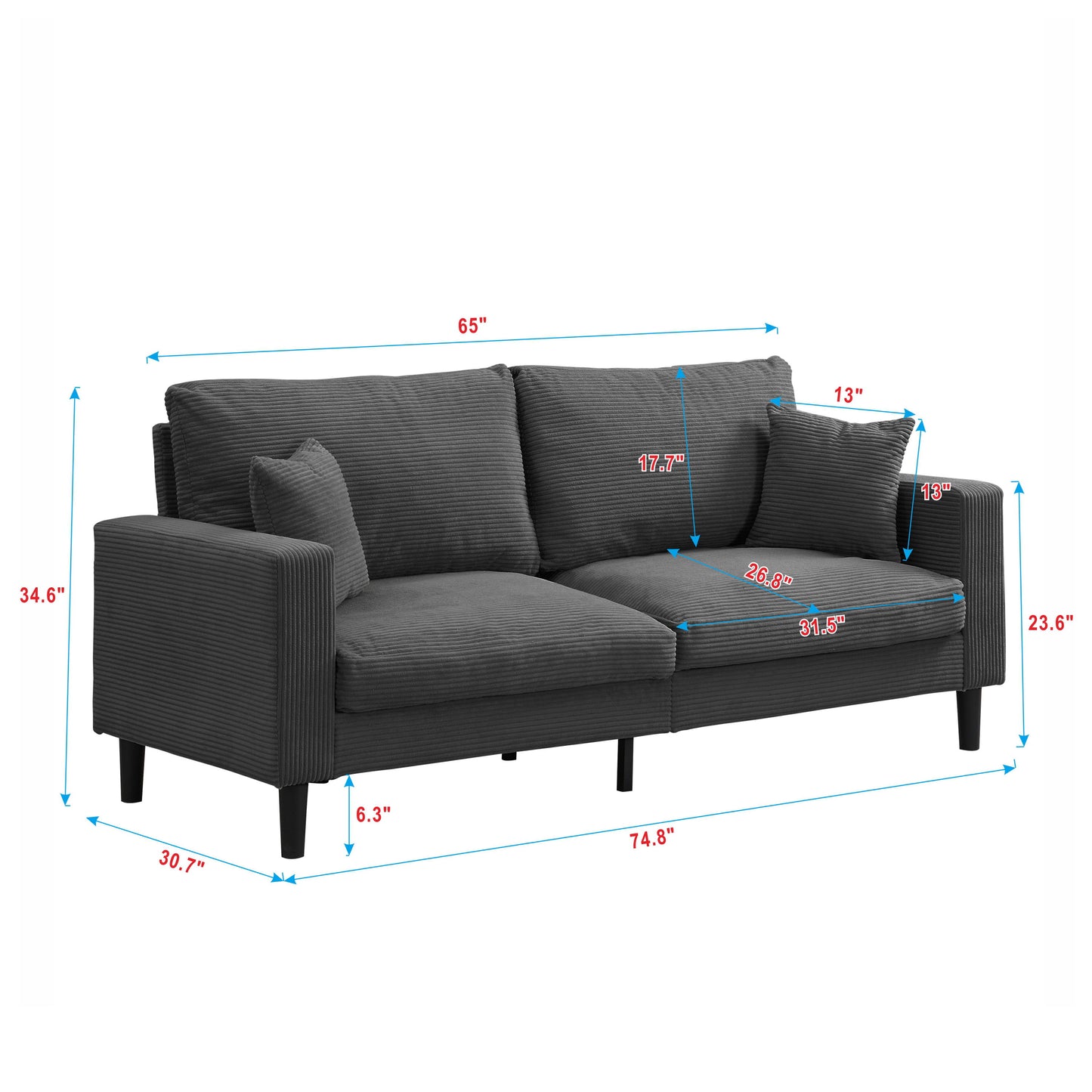 Modern Upholstered 2 Piece Sofa Set, Comfy Corduroy Living Room Furniture - Dark Gray
