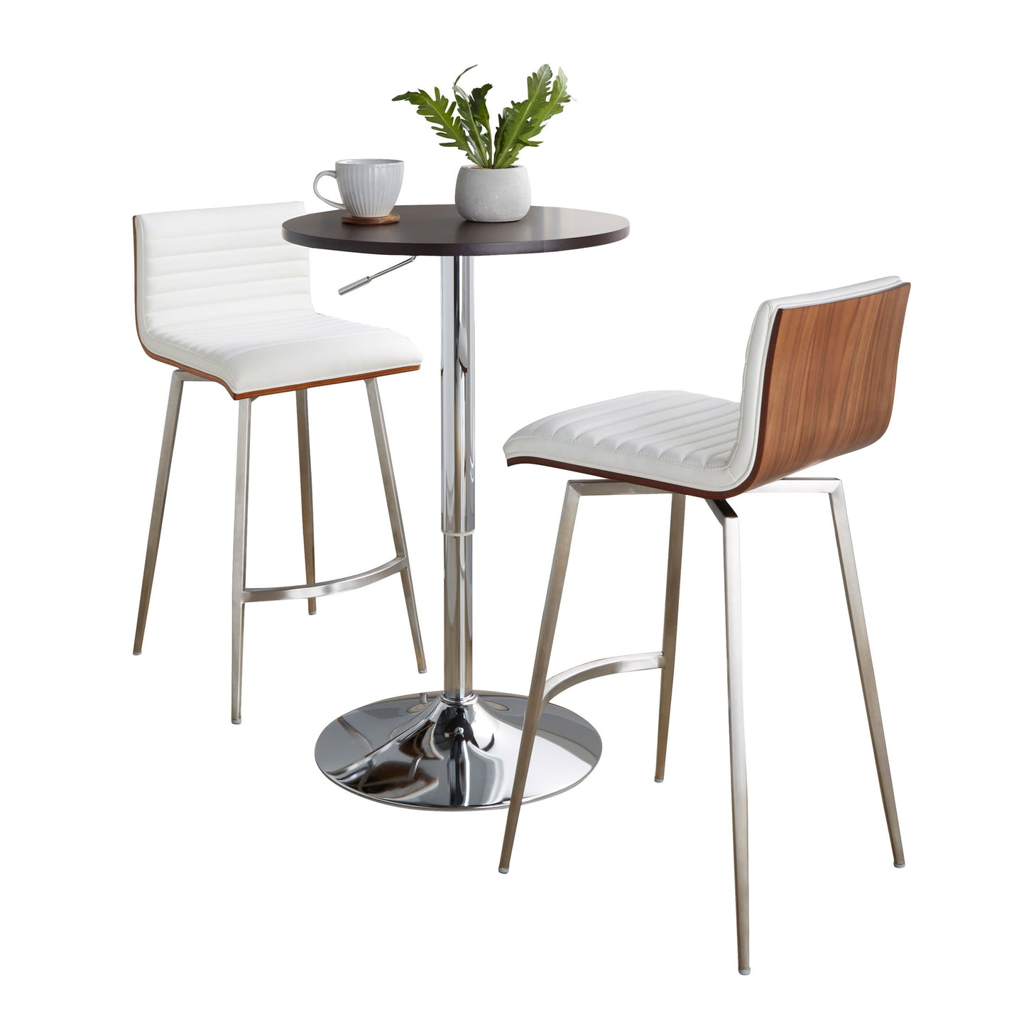 Mason - 3 Piece Swivel Mid-Century Modern Counter Height Dining Set With Adjustable Table - Chrome / Brown / White