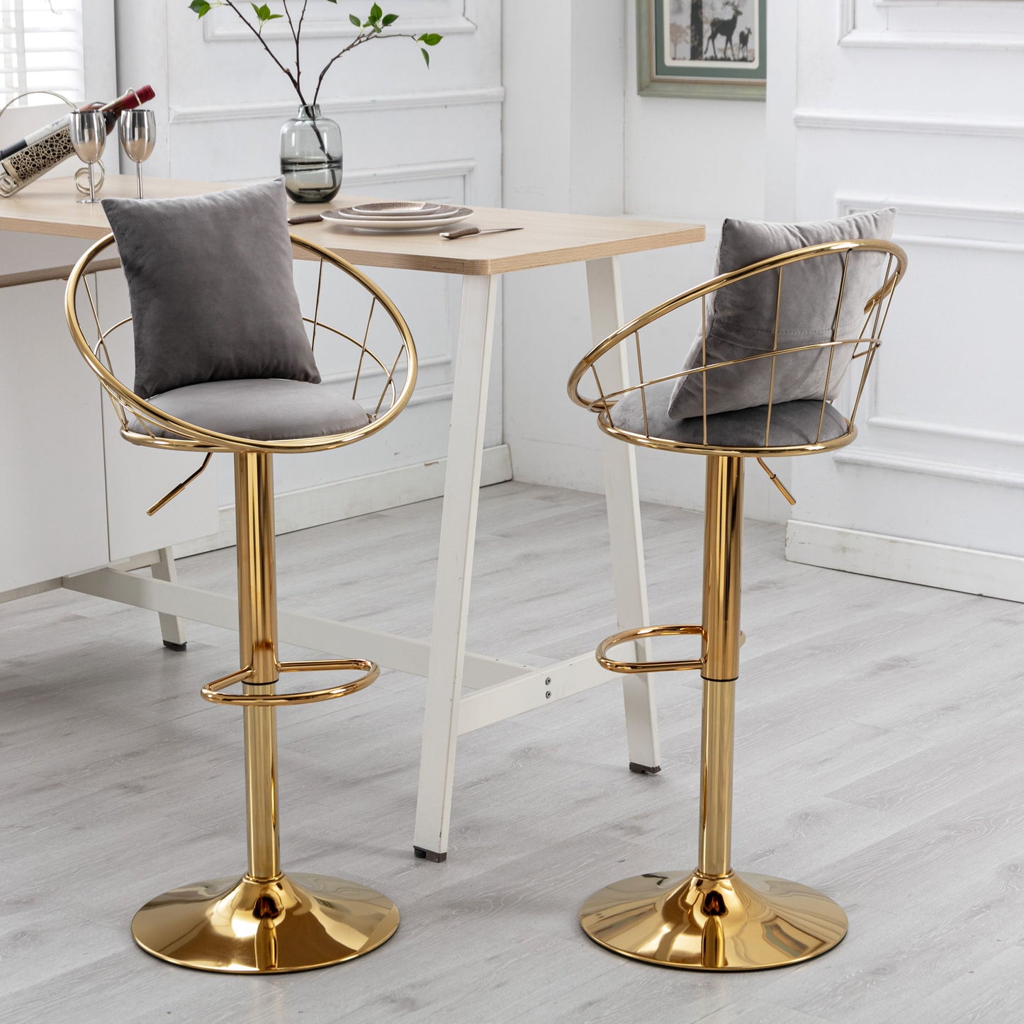 Velvet Bar Chair, Pure Gold Plated, Unique Design, 360 Degree Rotation, Adjustable Height, Suitable For Dining Room And Bar, (Set of 2) - Gray