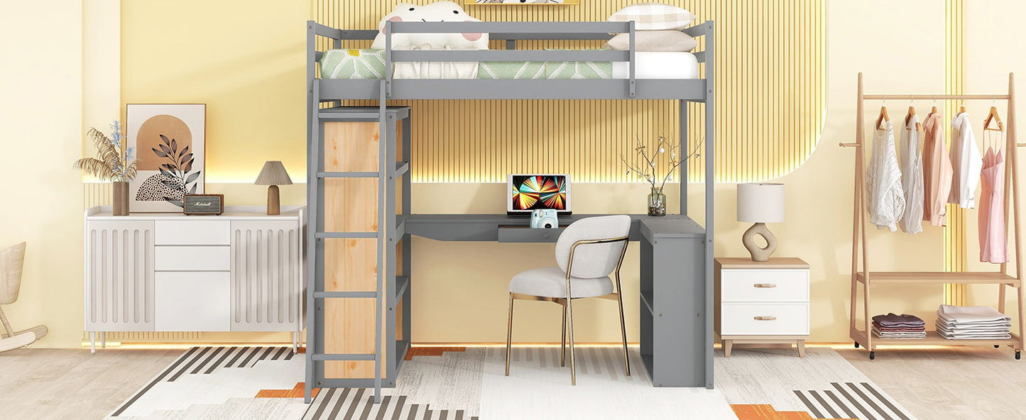 Full Size Loft Bed With Ladder, Shelves, And Desk - Gray